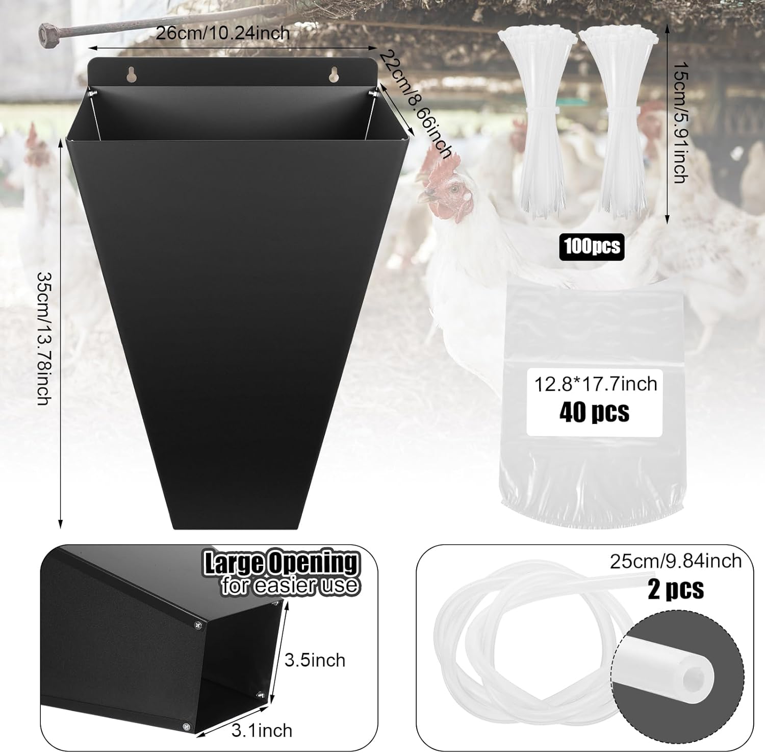 Poultry Processing Equipment Set Include Chicken Cone, Clear Heat Poultry Shrink Bags With Silicone Straw And Cable Ties Restraining Cones for Chicken Turkey Processing(Large)