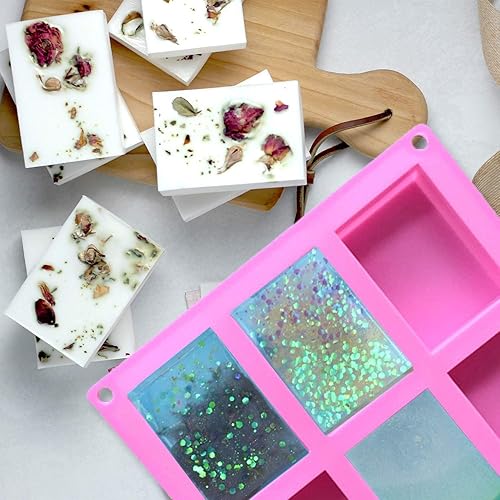 Miniatura 4 de Paquete de 3 moldes de silicona para jabón, molde para hacer flores de 6 cavidades, incluye suministros de forma rectangular, perfectos para jabones