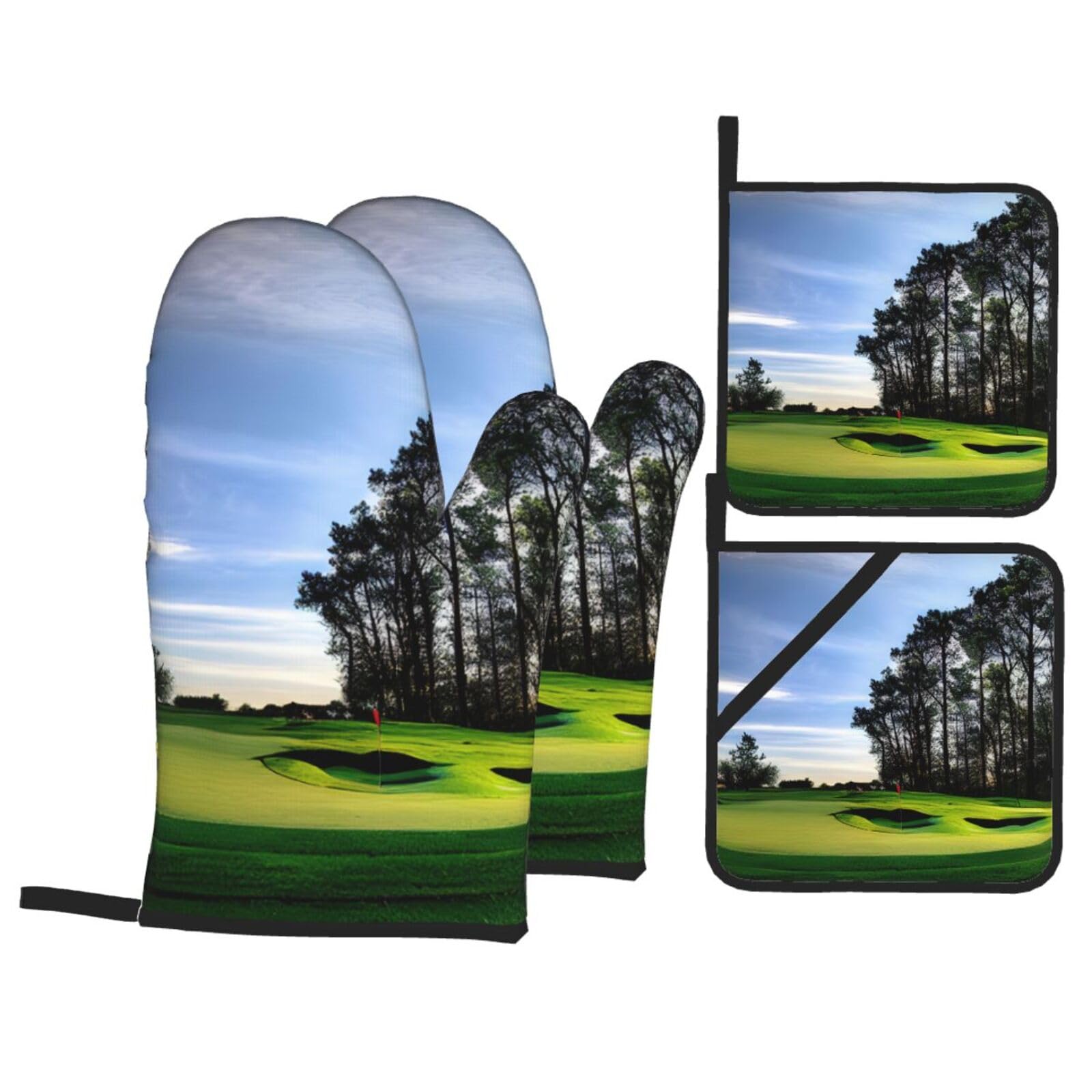 Golf Course and tree Print 4-Piece Heat-Resistant Oven Waterproof Kitchen Gloves Cooking Roasting Essential