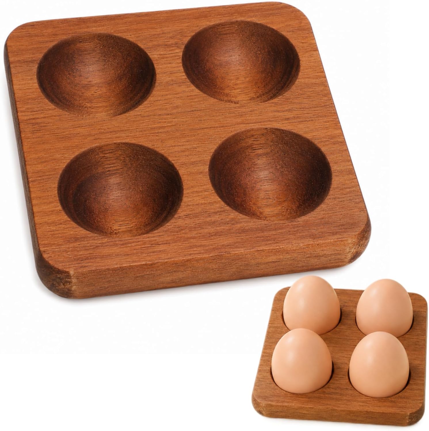 jojofuny Acacia Egg Tray for Countertop 4-Slot Wooden Egg Holder for Refrigerator Kitchen Display and Storage Square Rack for Fresh Eggs 4.44 X 4.44 X 0.86 in
