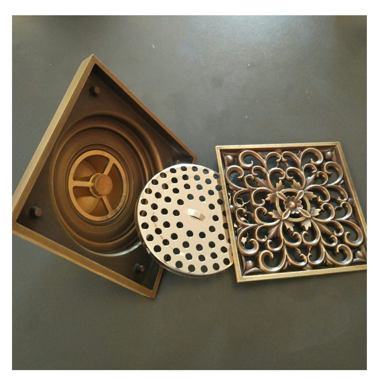 vfdaSWQQ Floor drain, Square Shower Antique Brass Carved Flower Art Bathroom Accessory Waste Grate Drain 100 X 100mm