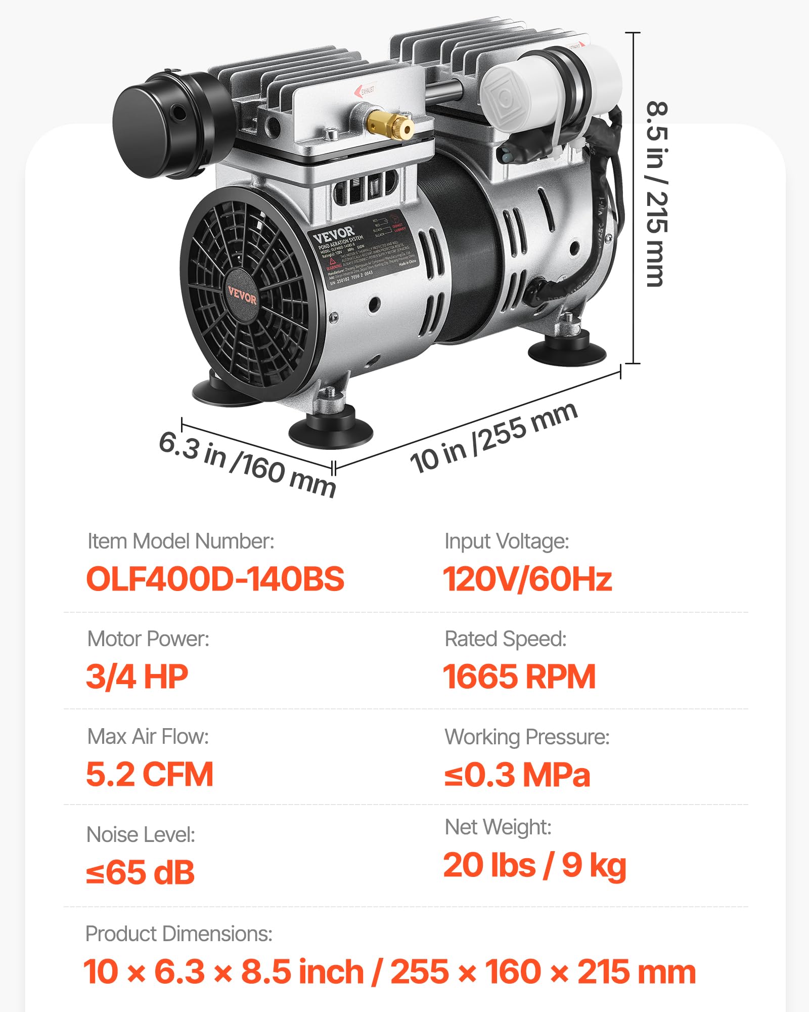 VEVOR Aeratore per Laghetto, Potenza 550 W 8,83 CMH per Lago Kit di Aerazione per Laghetto Include Compressore Timer Valvole, Compressore d'Aria per Circolazione dell'Ossigeno in Acque Profonde