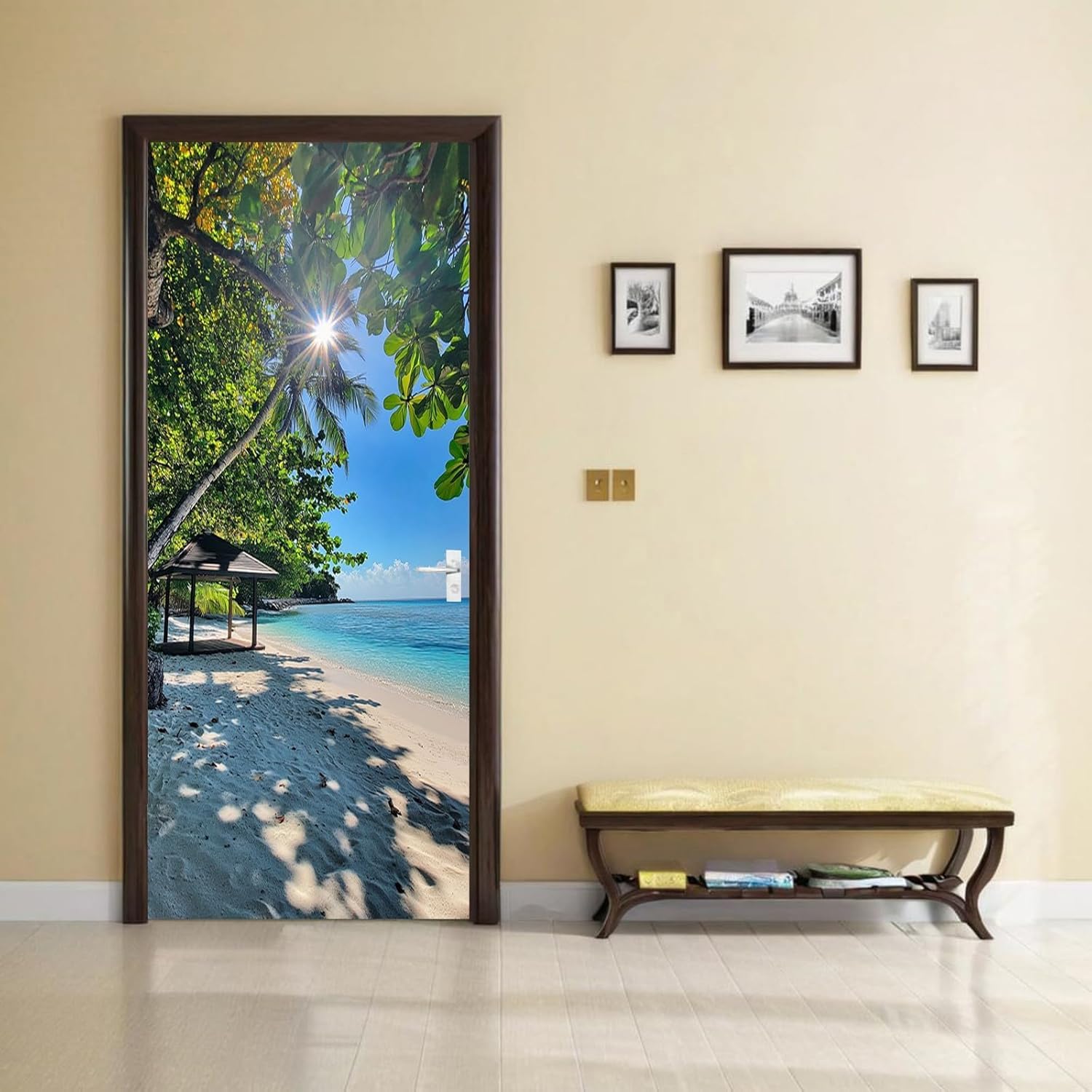 Sticker Porte Plage Tropicale, Stickers Porte Trompe L'oeil Vue sur Océan Autocollant Poster Auto-Adhésif Art Décor Pour Chambre Salon Salle de Bain Papier Peint 95x215 cm 4624n