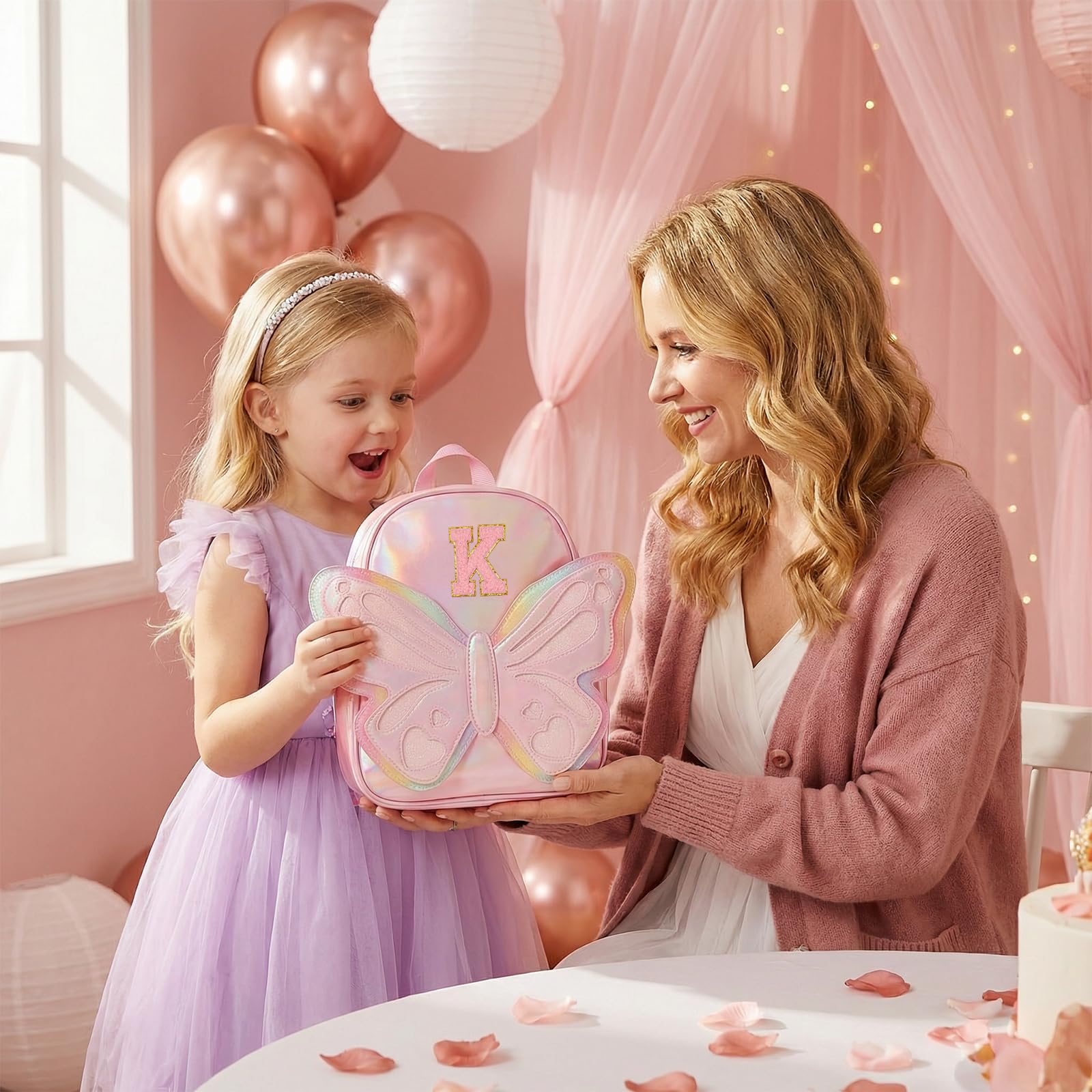 Mini zaino per ragazze, zaino per bambini con fiocco laser arcobaleno, borsa con iniziale personalizzata per ragazze adolescenti, borsa per asilo, regalo di compleanno per ragazze di 2-10 anni