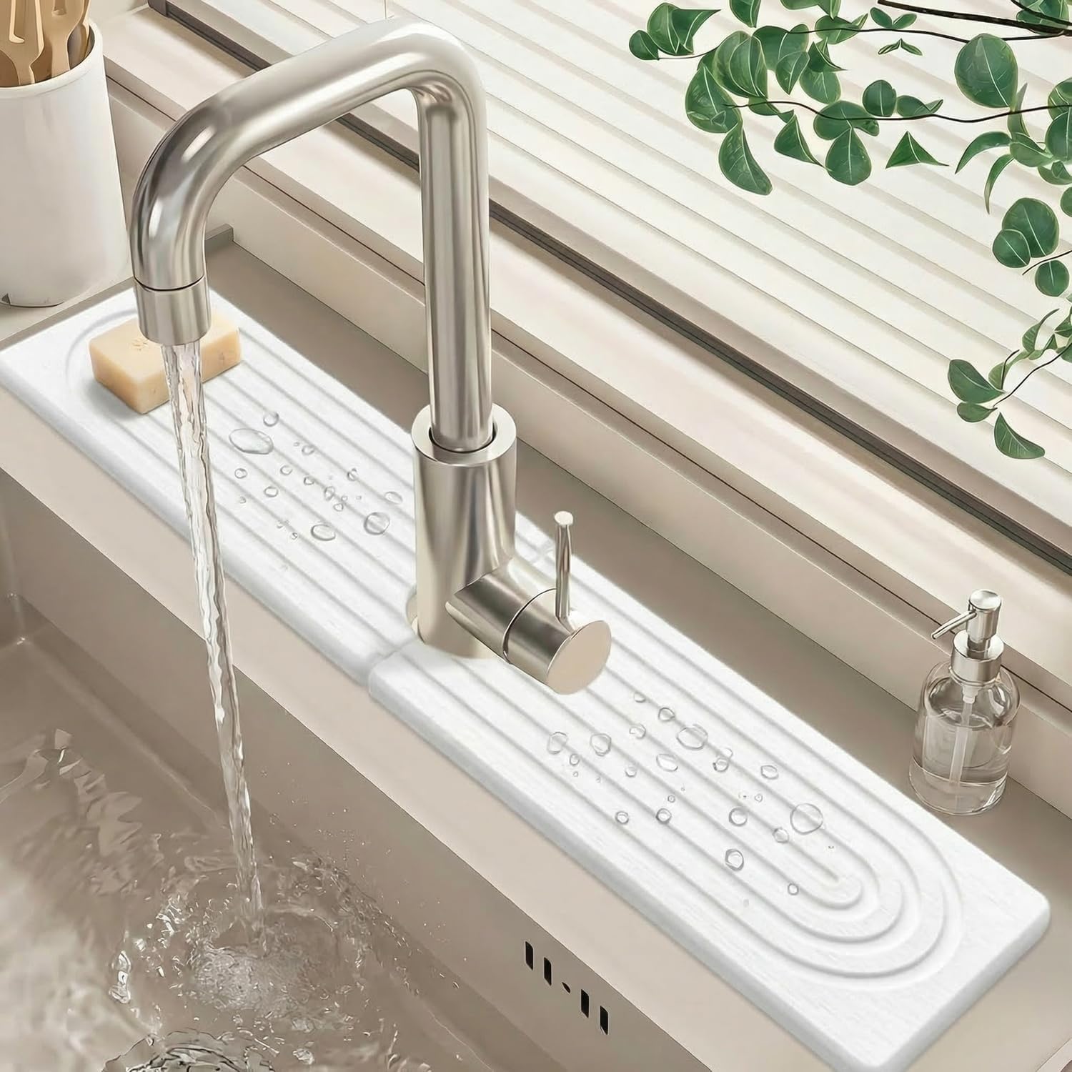 Faucet Mat for Kitchen Sink, Diatomite Fast Drying Stone Sink Tray, Super Absorbent Stone Splash Guard Drip Mat for Kitchen and Bathroom Counter (Square, White, 60x10cm)