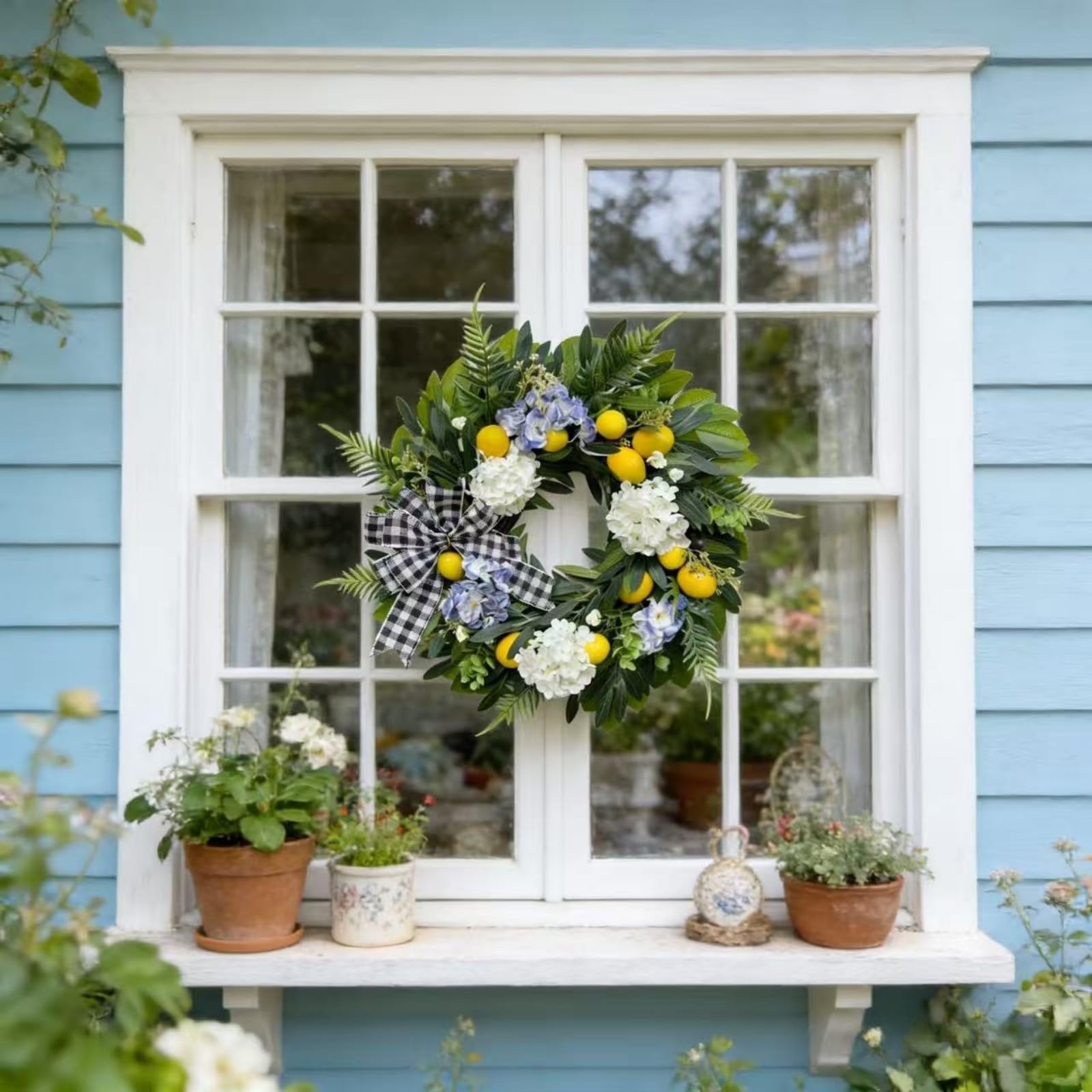 Künstlicher Sommer Deko Kranz, 45/55cm Grüner Frühlings-Sommer-Kranz, Künstlicher Zitronen Türkranz mit Blau-weißen Hortensien & Karo-Schleife, für Haustür und Wand (55 cm)