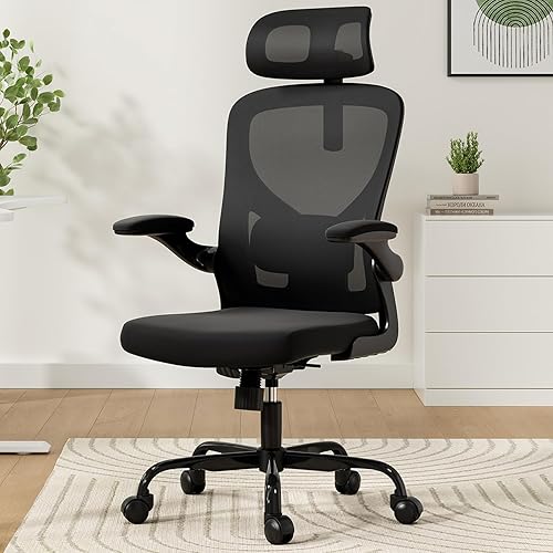 Silla de oficina ergonómica de malla, silla de oficina de respaldo alto con reposabrazos, soporte lumbar ajustable hacia arriba y hacia abajo, silla