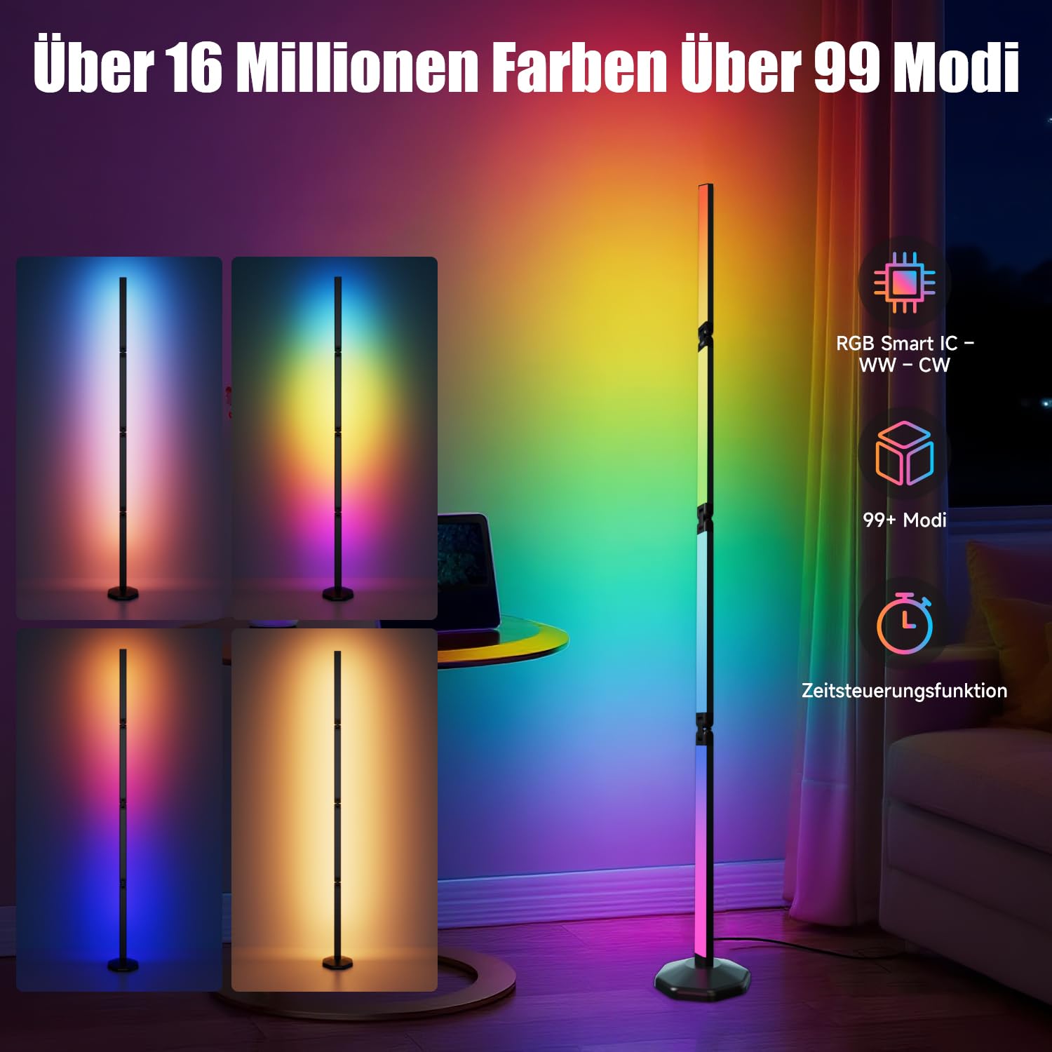 RGB LED Stehlampe Wohnzimmer 170cm, Modern Smart Stehlampe Dimmbar Faltbar mit Fernbedienung und App, 16 Millionen Farben, 99 Szenenmodi, Diy-Modus&Timing, Ecklampe für Schlafzimmer Gaming