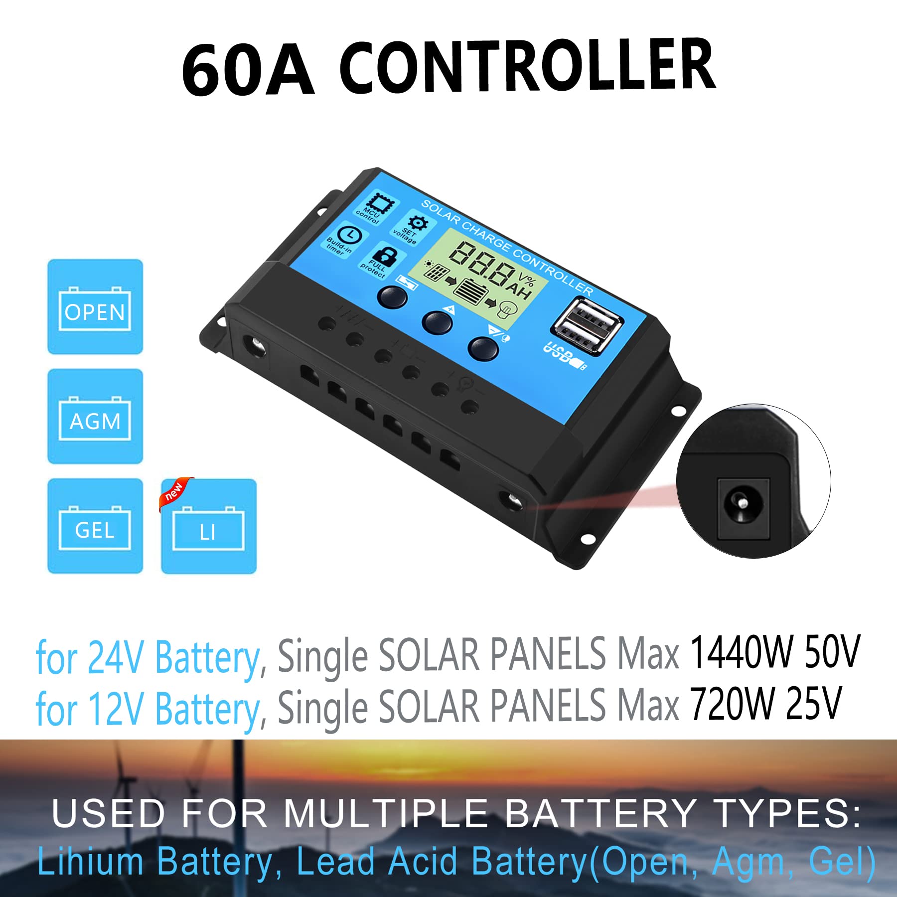 Contrôleur De Charge Solaire PWM 80A 12V/24V - Jusqu'à 1920W, Avec Sortie USB 5V, Pour Panneaux Solaires - 3