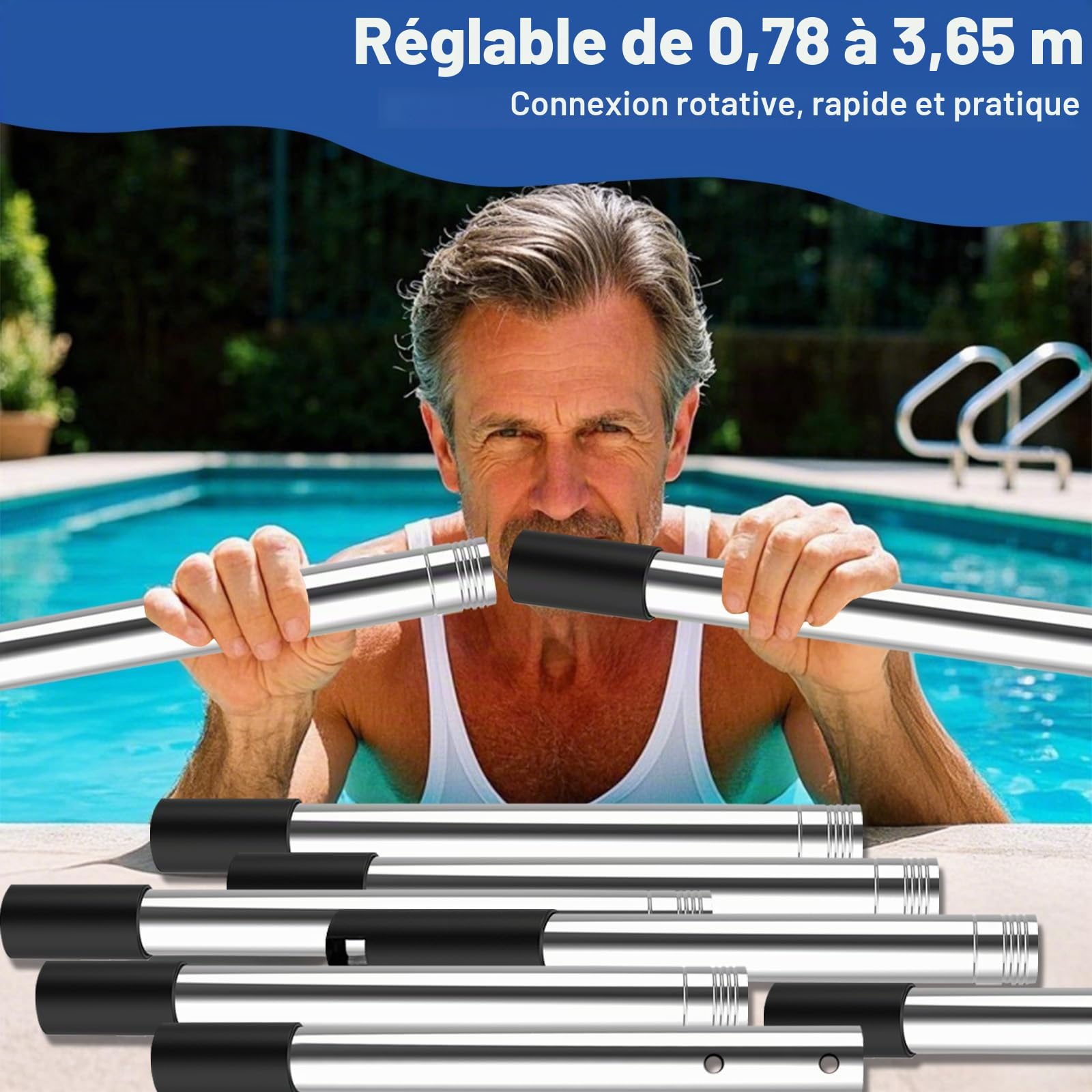 4BAOHUI Barre télescopique pour piscine réglable de 75 cm à 365 cm, accessoires de piscine, en acier inoxydable et stable, barre extensible pour épuisettes courantes, filet de skimmer, brosses de sol