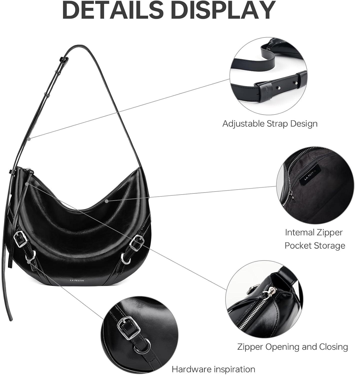 LAFESTIN Shoulder Bag for Women with Adjustable Strap, Split Leather Hobo Crossbody Bags, Trendy Satchel Purse Zipper Closure
