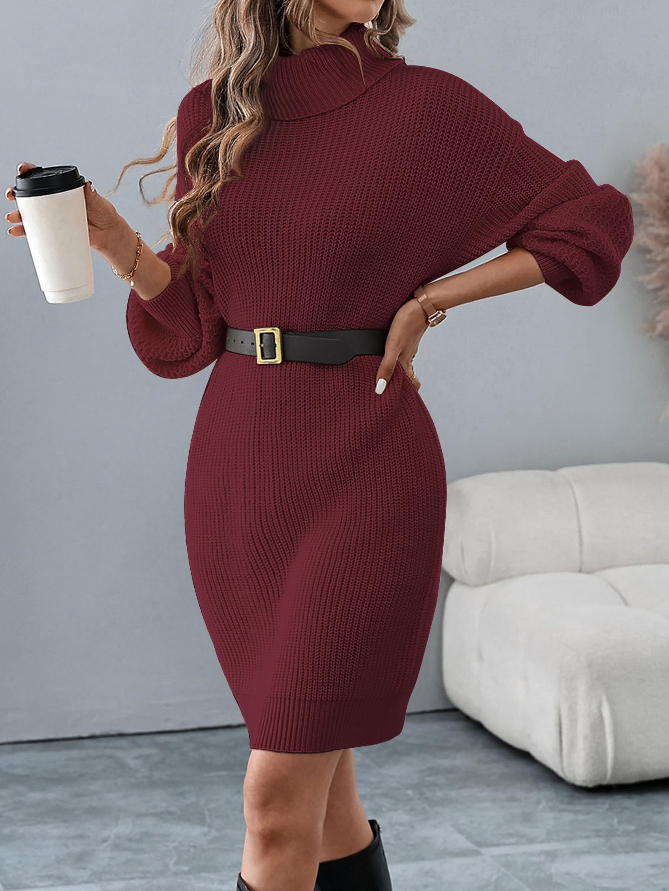 Strickkleid Damen Rollkragen Ballonärmel Rippstrick Locker Langarm kleid