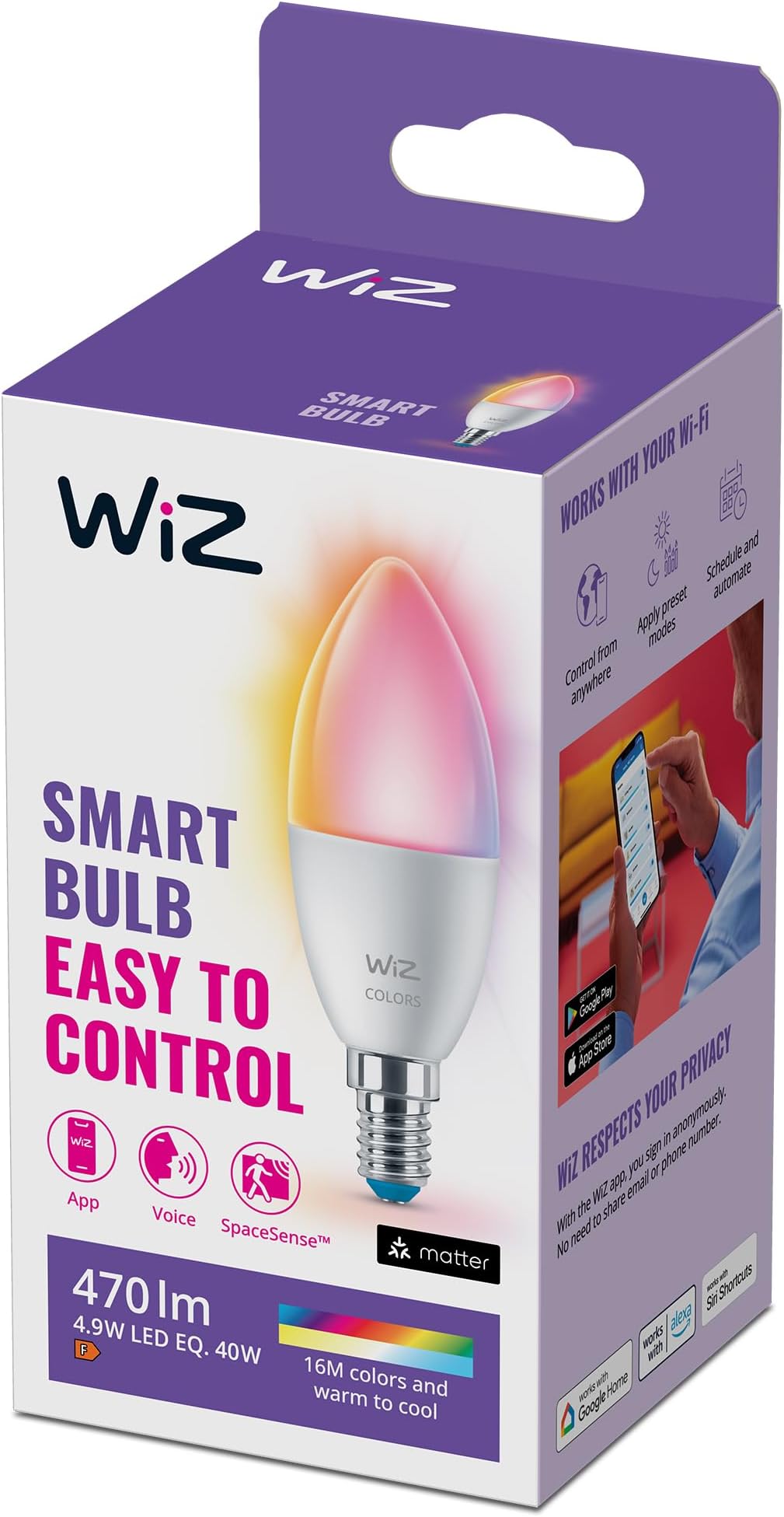 Smart Colour & White Candle Light Bulb, E14 Small 40W, Smart LED Connected WiFi Works with Alexa, Google Assistant & HomeKit, App Control for Livingroom, Bedroom, Energy Monitoring
