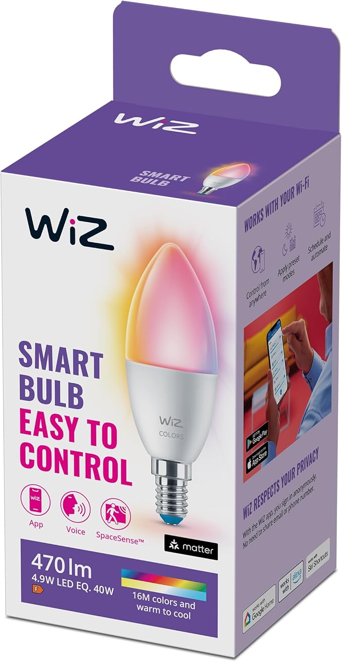 WiZ - Bombilla LED Inteligente Wi-Fi, 4,9W(Eq. 40 W) E14 tipo vela, Luz Blanca y de Colores, con tecnología SpaceSense y compatible con Alexa y Google Home