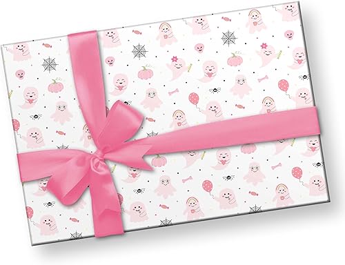 Miniatura 3 de Papel de regalo grueso de fantasma rosa lindo para decoración de Halloween, papel de regalo para niños con temática de araña de otoño (rollo de 12