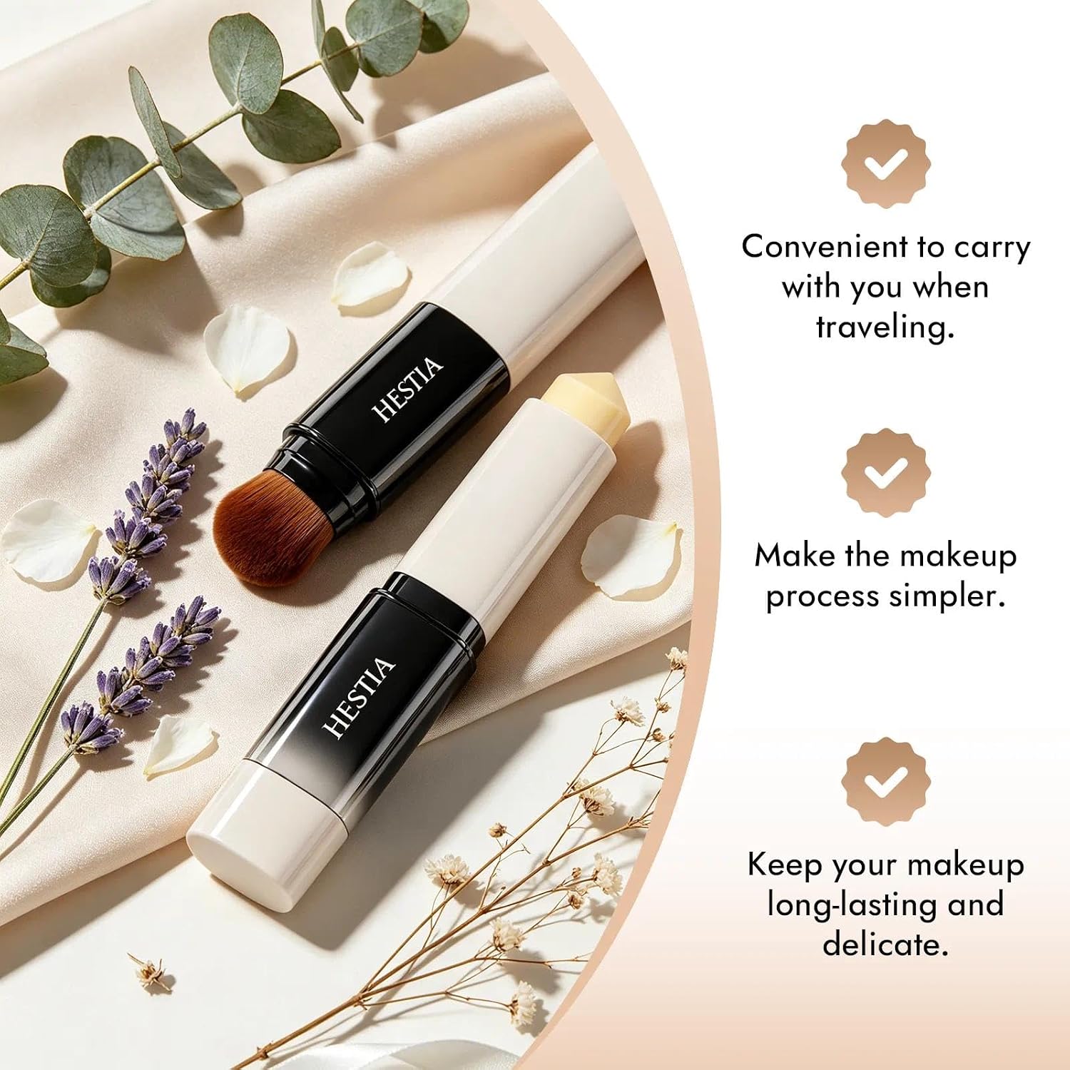 Hestia Foundation Stick, with Volufiline - Medium to Full Coverage Dewy Finish Base Makeup, 2 in 1 Color Changing Foundation Stick, Dual-Ended with Built-In Brush, Portable for Daily Use, Medium (1pc)