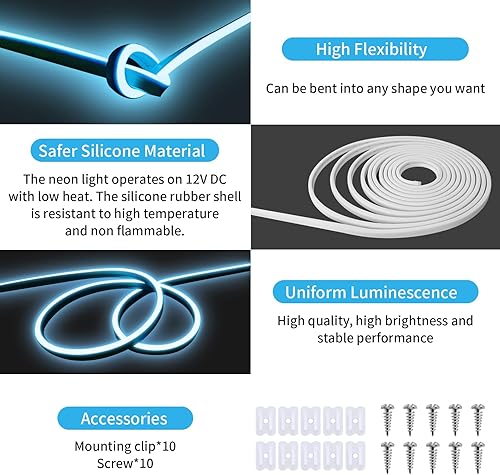 Miniatura 2 de OUEVA Tira de luces LED de neón, luces LED de 16.4 pies para dormitorio, tira de neón de silicona de 12 V, impermeable, flexible, cuerda de luz de