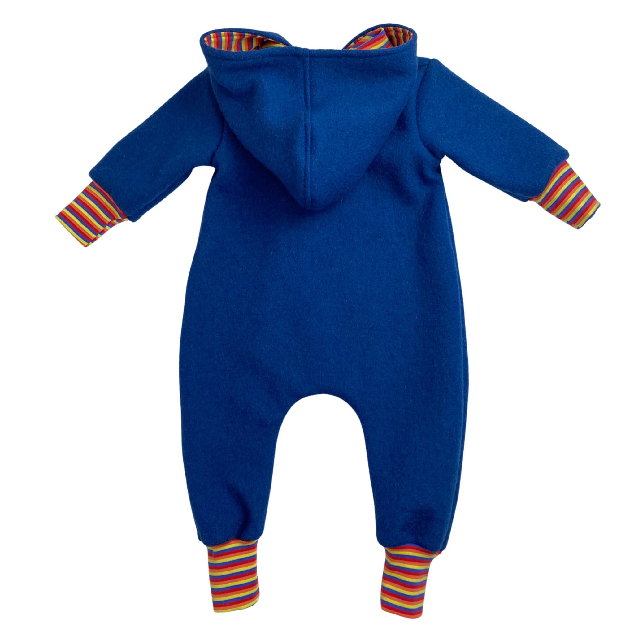 Lilakind Wollwalk Overall Baby Blau – Handgenähter Walkanzug mit Kapuze & Buntem Futter – Herbst- & Winteroverall für Jungen & Mädchen – Made in Germany – Gr. 62–110