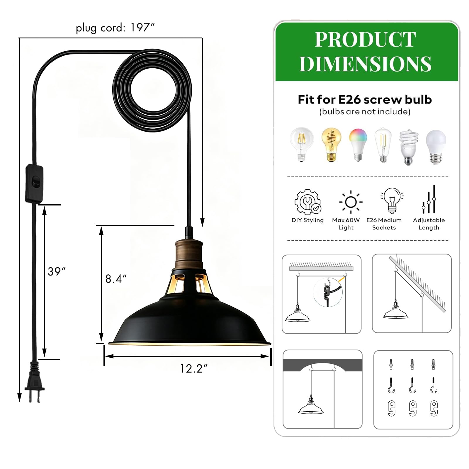 CLAXY Lámpara colgante de granero industrial con enchufe negro, cable de 197 pulgadas con interruptor de encendido/apagado