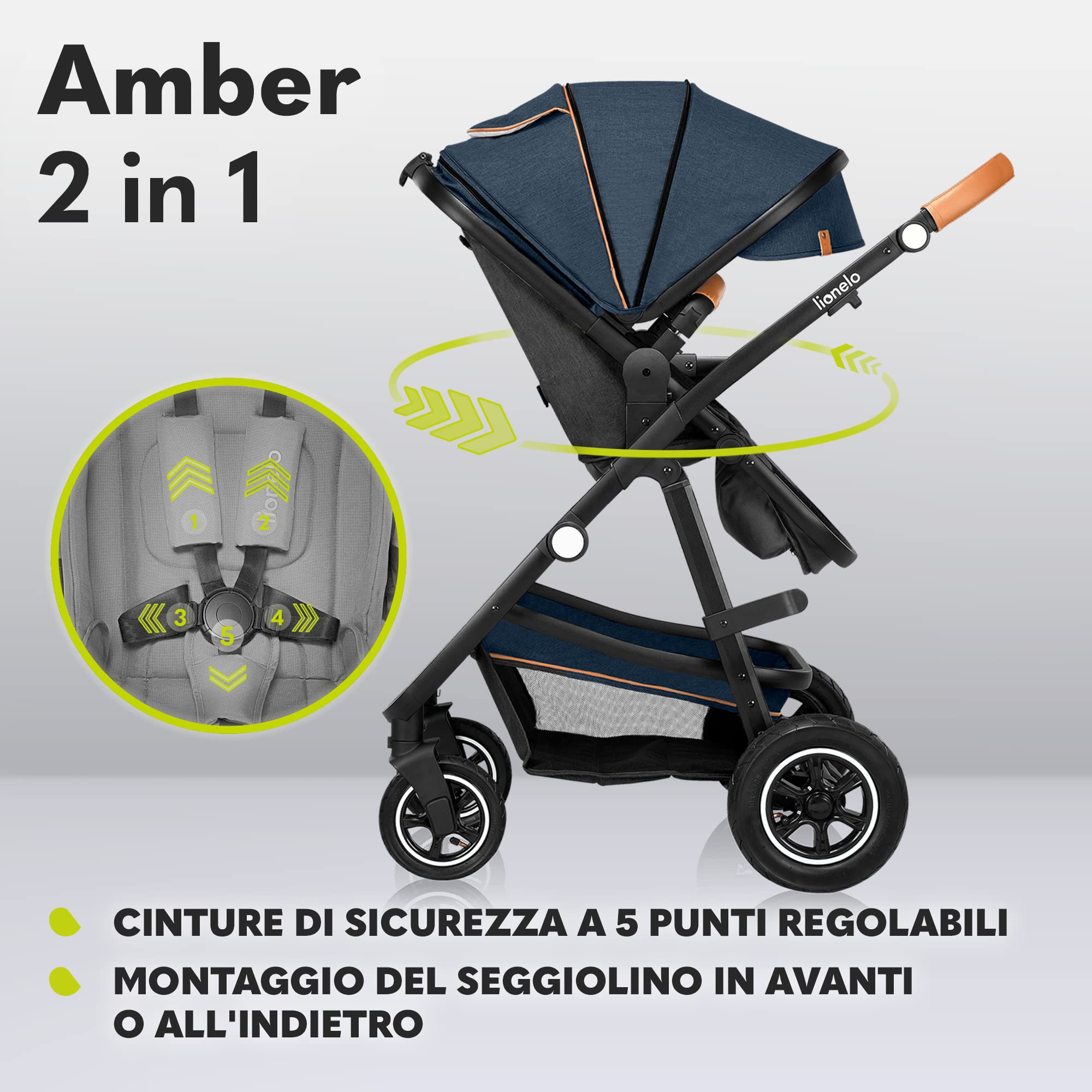 LIONELO Amber Passeggino 2 in 1 Set con Navicella da 0 a 48 Mesi / 22 kg | Passeggino Per bambini Fino a 22 kg, Seduta a Secchiello, Regolabile, Pieghevole e Leggero, Grandi Ruote e Cappottina XXL