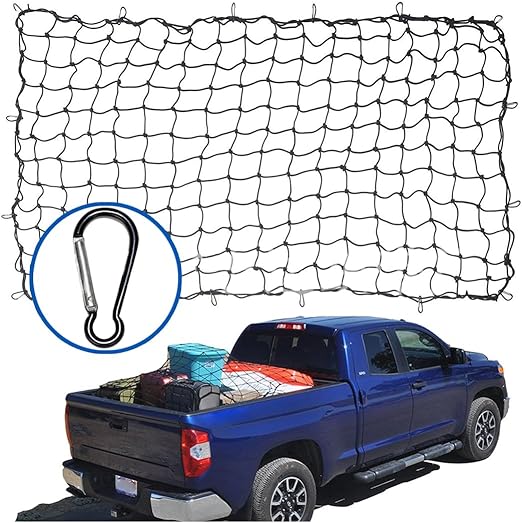 Cargo Net for Pickup Truck Bed, 4'x6' Stretches to 8'x12', Roof Rack Cargo Net with 12 Metal Carabiners & 1 Storage Bag, Small 4"x4" Latex Bungee Mesh, Car Exterior Accessories