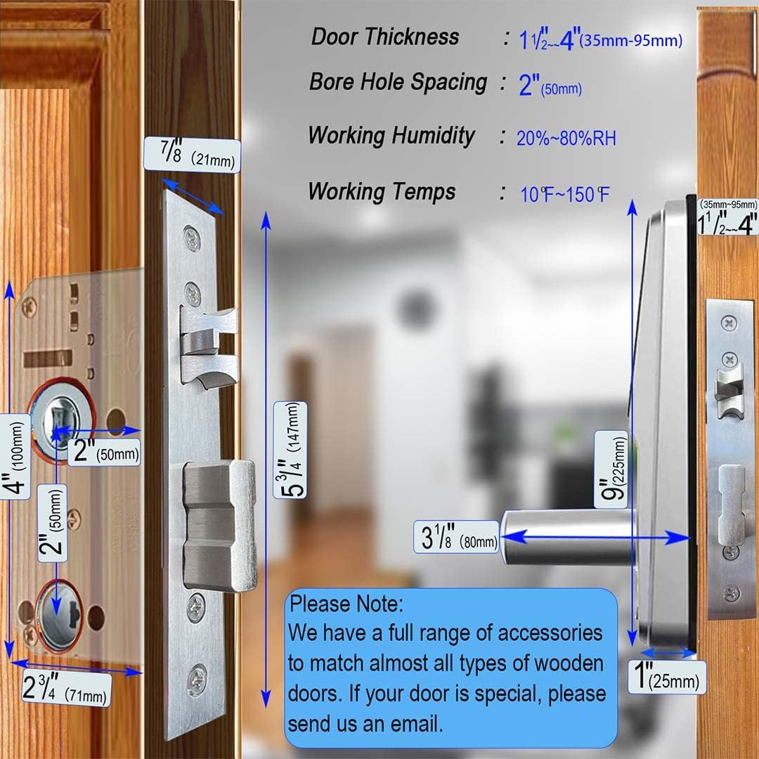 Diagram showing door thickness, bore hole spacing, working humidity, and working temperature requirements for the smart lock. It also notes that a full range of accessories is available for wooden doors and to contact customer service if the door does not match.