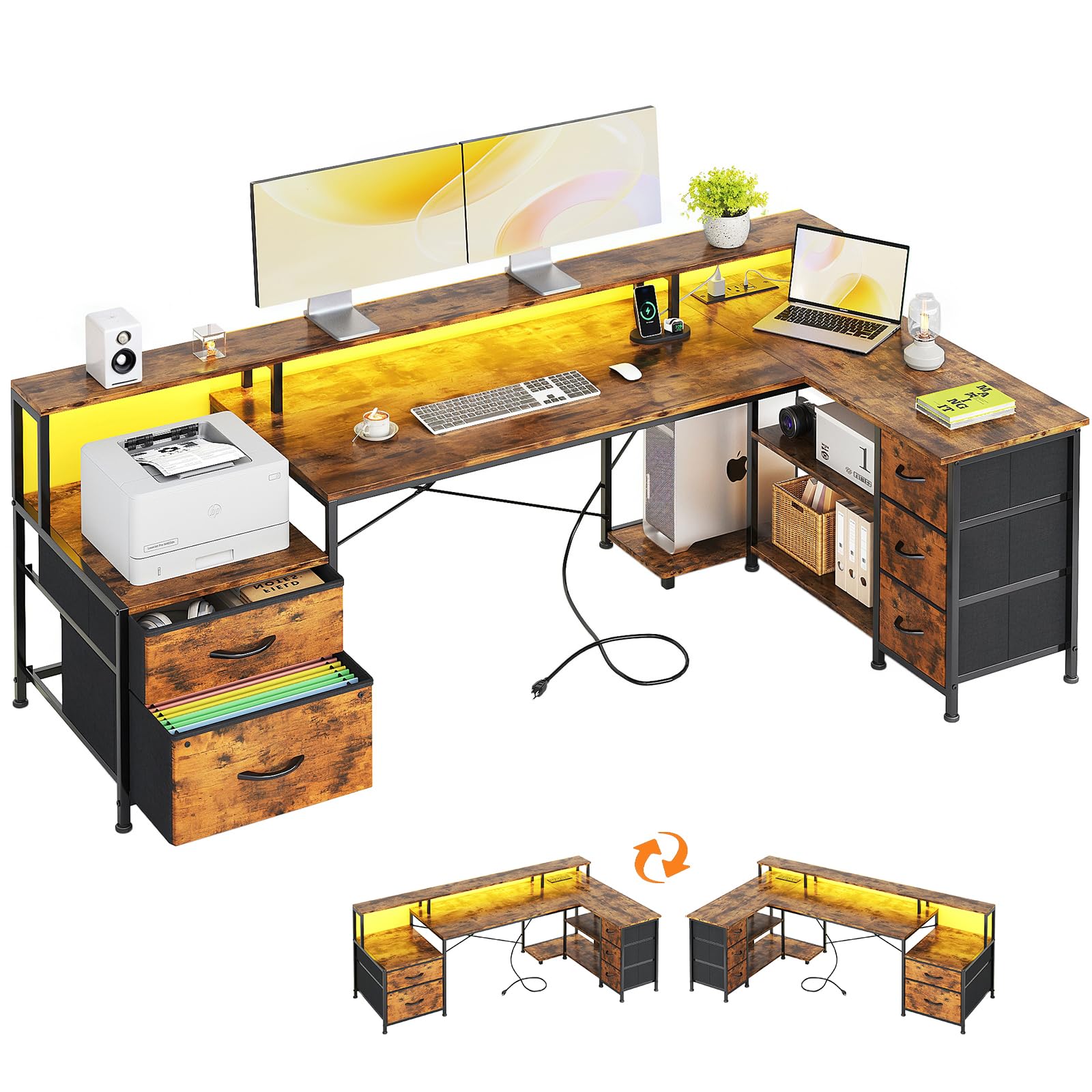 VERMESS L Shaped Desk with 5 Fabric Drawer, 74" Computer Corner Desk with Power Outlet, Home Office Table with Storage Shelves & File Drawer, Gaming Desk with Led Lights, Wooden Board, Vintage