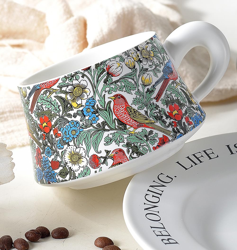 Eplze YBK Tech Morris Style Ceramic Cup and Saucer Set, 9oz Teacup with Saucer- Birds and Floral Pattern (White) - Image 3