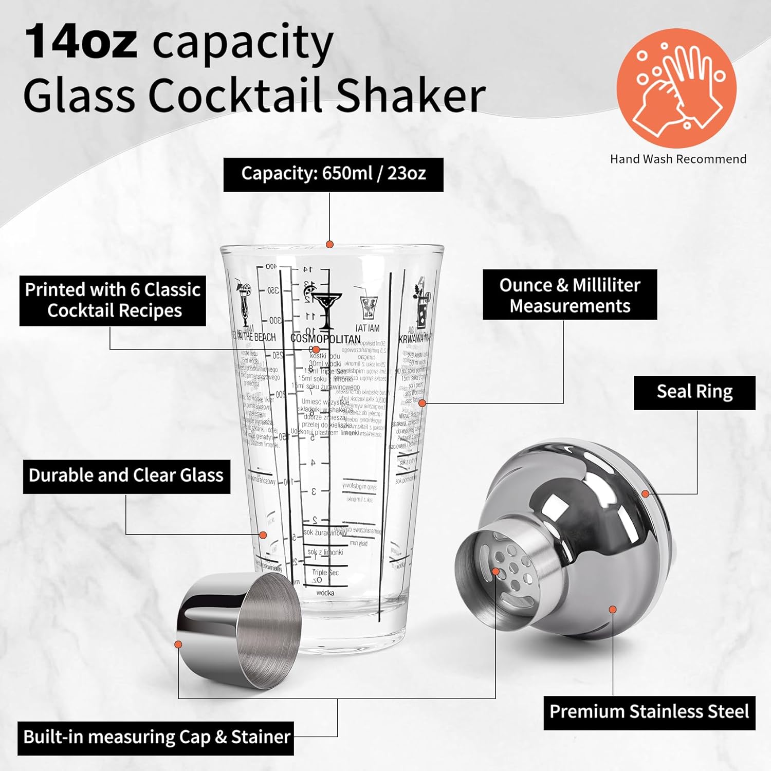 14oz Glass Cocktail Shaker Set, 6PCS Bartending Kit, Martini Mixer Shakers with Built-in Strainer, Professional Bar Tools for Bartender and Beginners