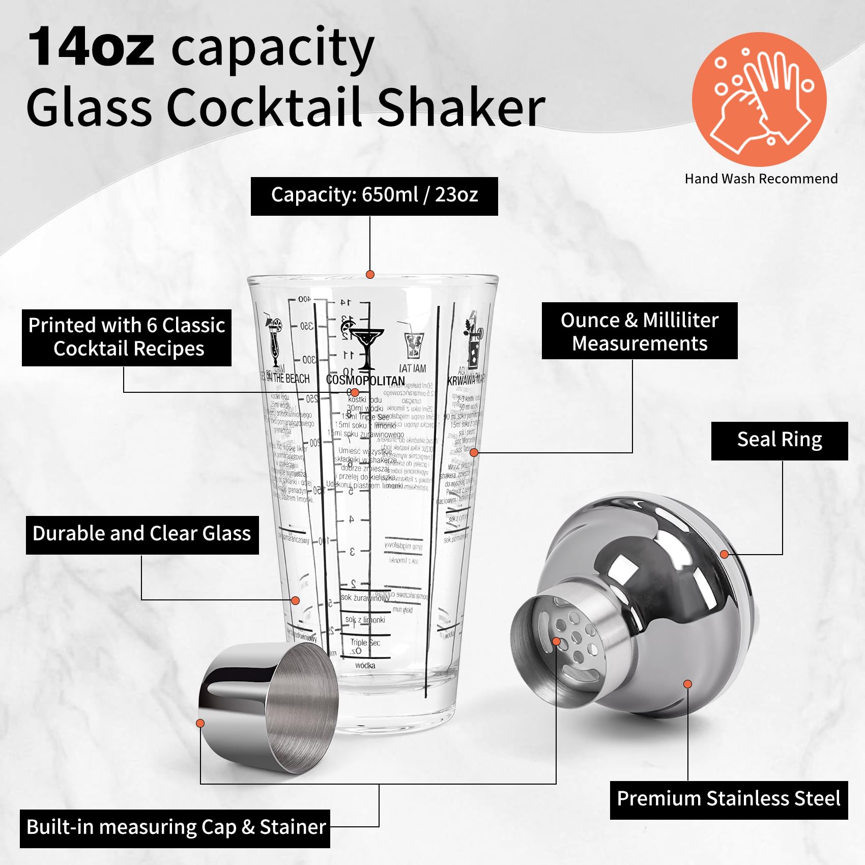 Set di shaker da cocktail in vetro da 14 oz, Kit da bartender 6PCS, Martini Mixer Shaker con colino da barista, Set di strumenti da bar professionali per bartender e principianti