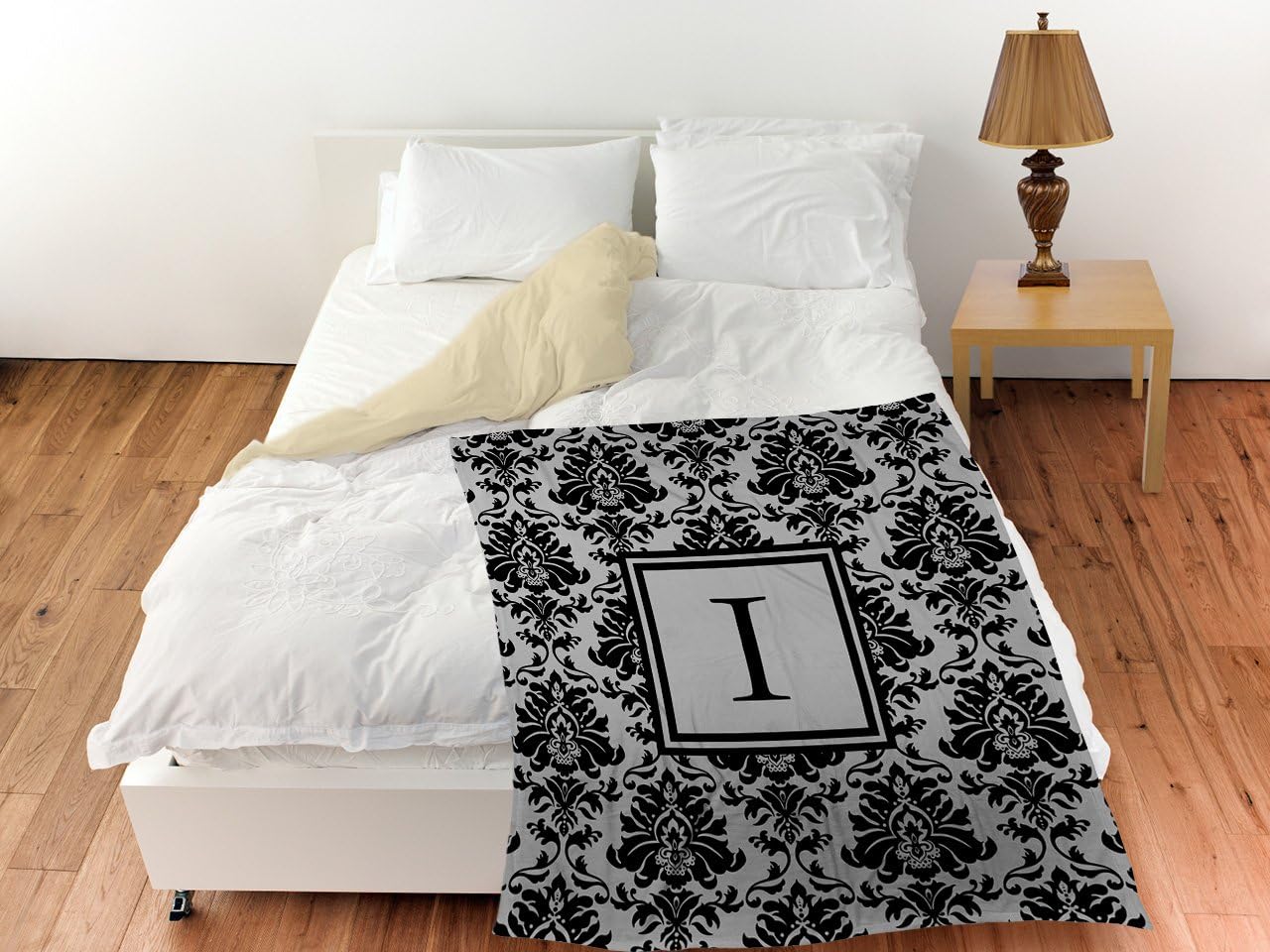 Manual Woodworkers & Weavers Coral Fleece Throw, 50 by 60-Inch, Monogrammed Letter I, Black and Grey Damask