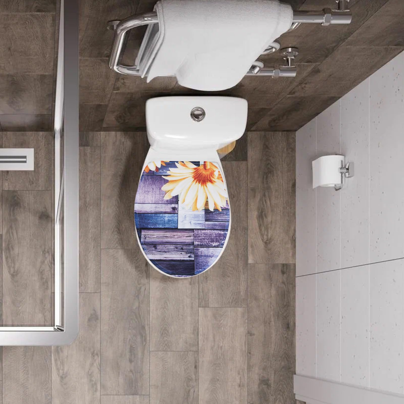 NICENEEDED Polyester Toilet Lid Cover, Wood Print Sunflower Toilet Lid Covers Soft Toilet Seat Cover - Image 4