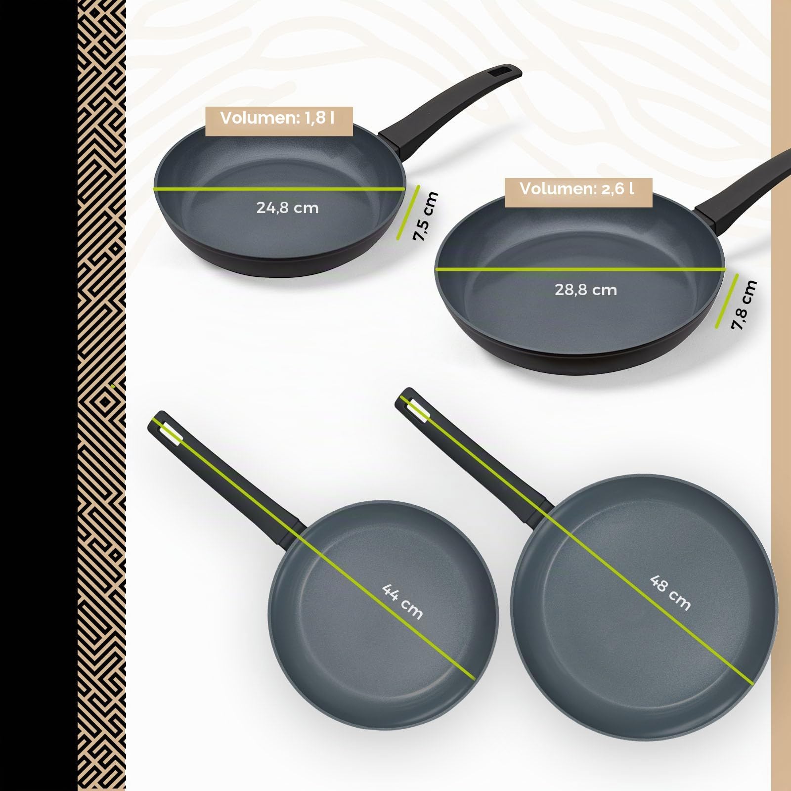 BE Living Delight Juego de sartenes 2 piezas – Sartenes de 24 y 28 cm – Revestimiento antiadherente cerámico – Apto para inducción – Sin PTFE ni PFOA – Negro