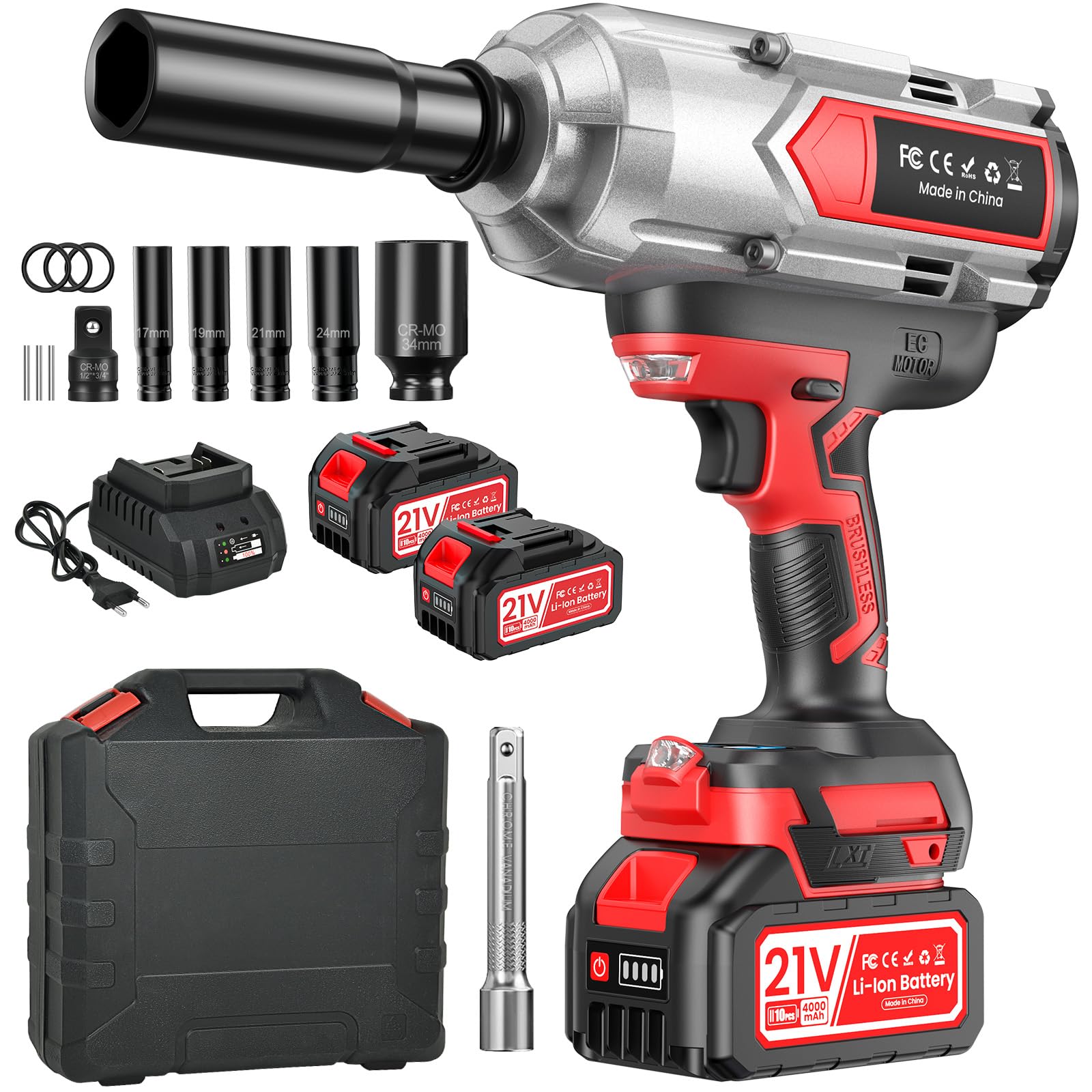 sukaudiz Avvitatore a Impulsi, 1200N.m Cacciavite a Batteria con Batteria 4.0 AH*2, 2 Luci a led, Modalità 3+2 Velocità, Con 5maniche, Pistola a percussione senza spazzole, Auto