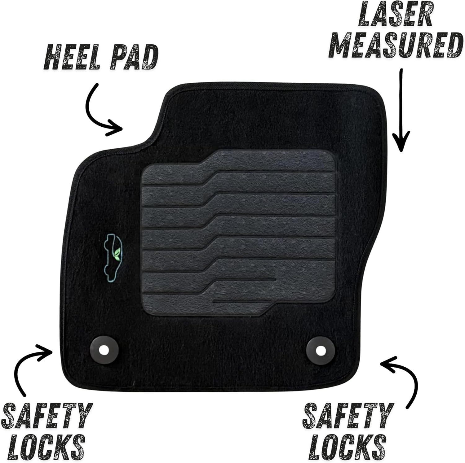 CycledMats Carpet Floor Mats Custom Fit for 2012 to 2018 Ford Focus Hatch and Focus Sedan, with Non-Slip Driver Heel Pad and Safety Locks, Front and Rear Set, Black