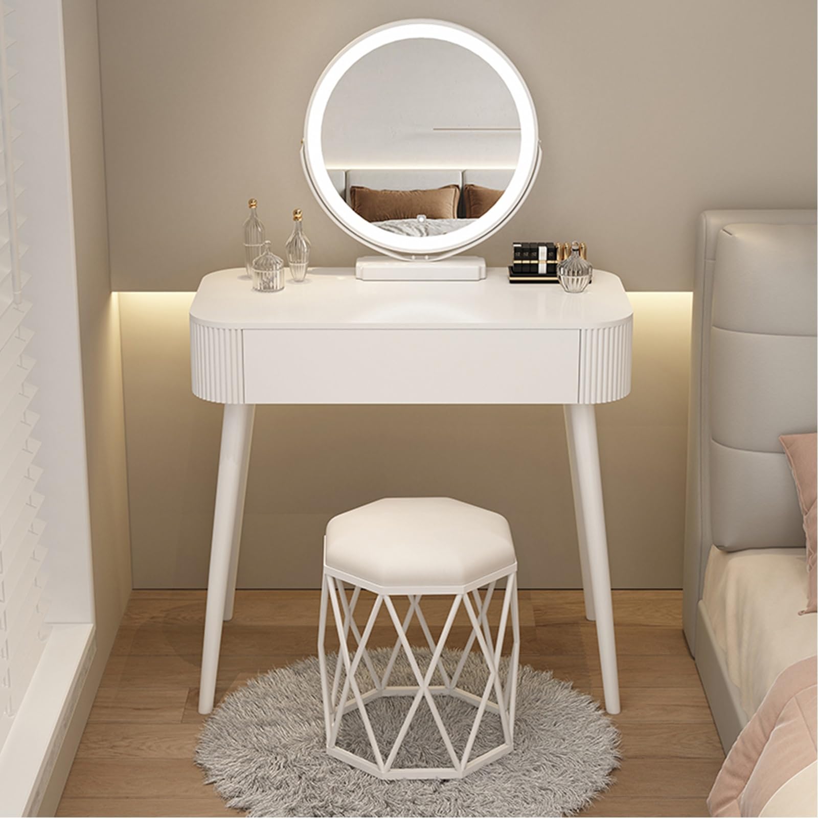 Moderne witte kaptafel kaptafel met LED-verlichte spiegel, compacte make- uptafel met lade en cosmetische opbergorganizer voor slaapkamer en kleedkamer (tafel krukset 70 cm