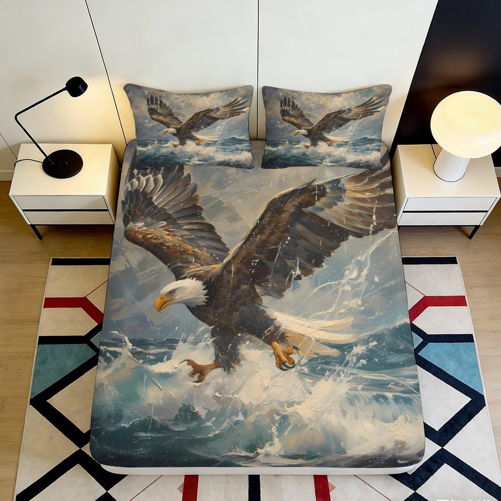 3D Printed Bald Eagle Ocean Fitted Sheet Microfiber Soft Breathable Soaring Eagle Mattress Cover for Bedroom Dorm Decorative 90x200x25cm