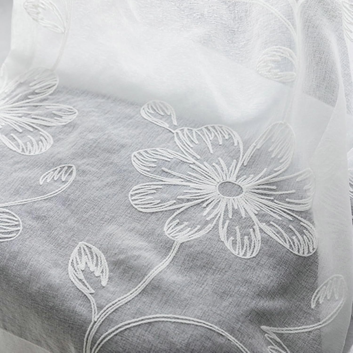 Daesar Semi Transparent Curtains for Bedroom 2 Panels Set, Polyester Rod Pocket Tulle Curtains 52" W x 84" H Drapes Embroidered Flowers Solid Color White Voile Curtains for Living Room