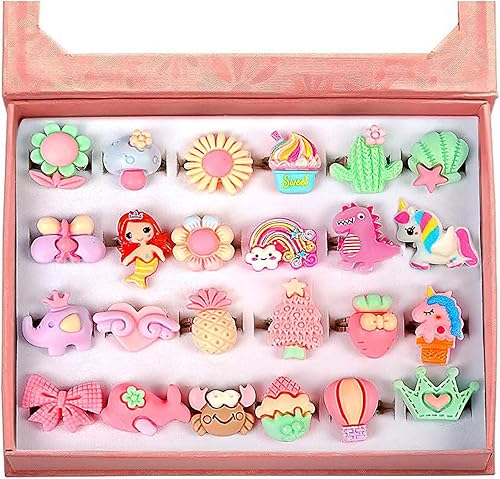 OSDUE Anillos ajustables para niña, 24 anillos de juego en caja sin duplicados para niños, anillos de simulación y disfraces para niñas de 3 a 12
