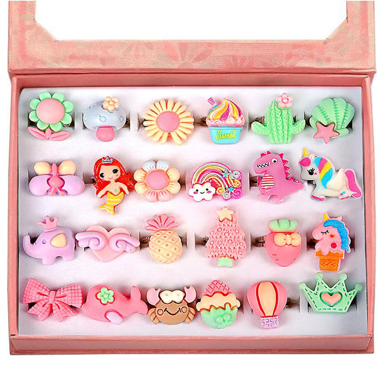 OSDUE Girl Rings, 24PCS Little Girl Jewel Rings in Box, Adjustable Ring Set for Little Girls, No duplication, Cute Princess Play Dress Up Toys for Kids Girls, Mermaid/Butterfly/Flower Ring