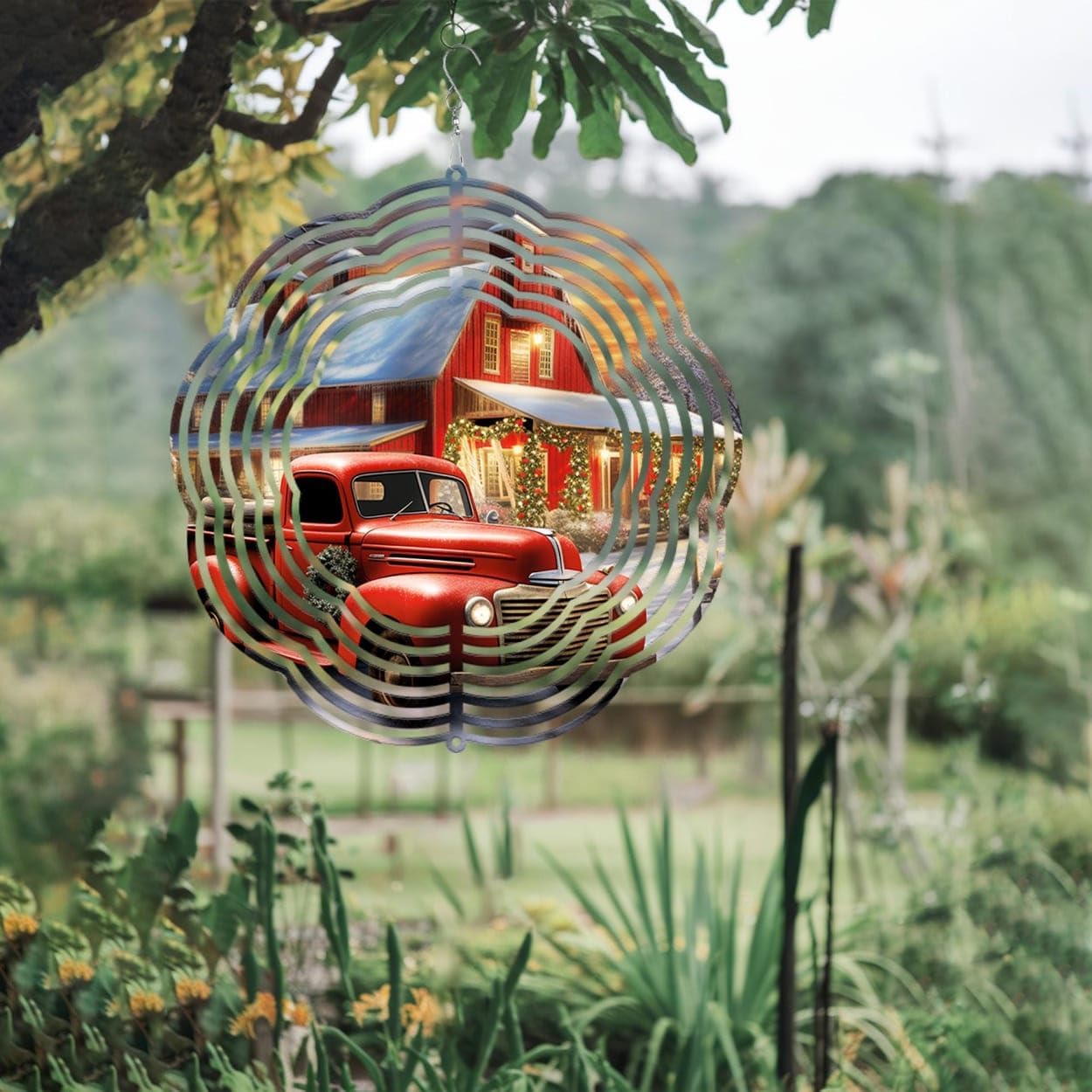 Red Truck Farmhouse Wreath Christmas Wind Spinners 3D Stainless Steel Laser Cut Metal Double Sided Printing-Hanging Indoor/Outdoor Decorations Yard Gardening Decor,Metal Kinetic Art 14x14 inches