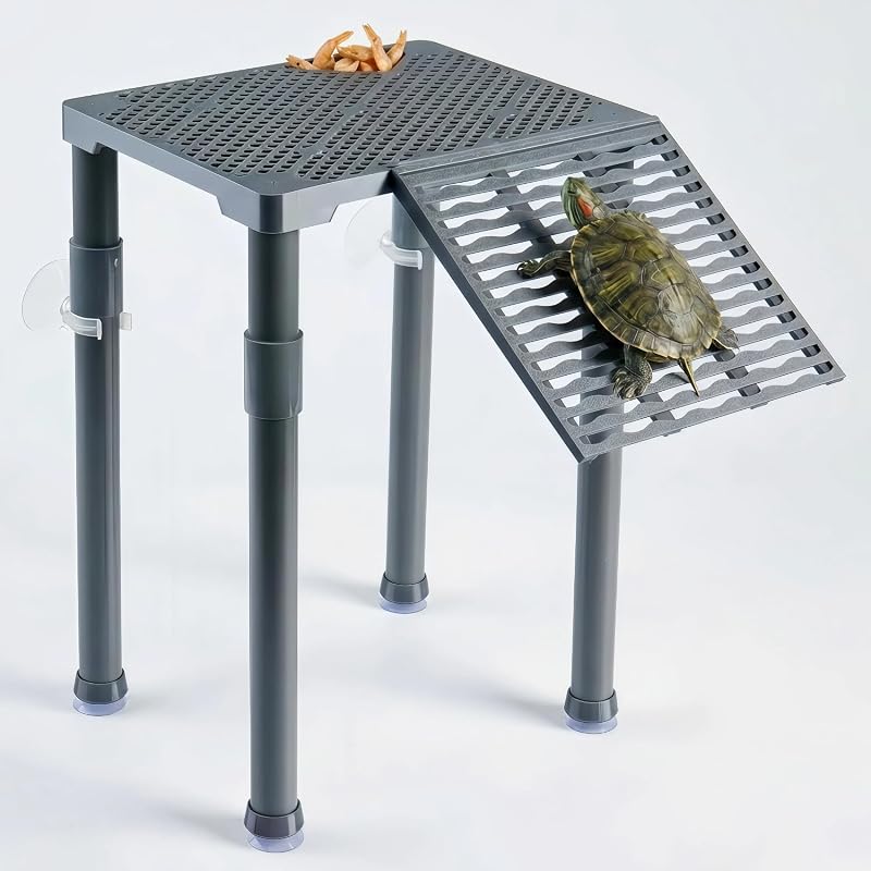 Plataforma de Basking para Tartarugas com Rampa Antiderrapante e Bandeja de Alimentação Halomyyth, Cinza, para Aquários de 94,6 a 283,9 L