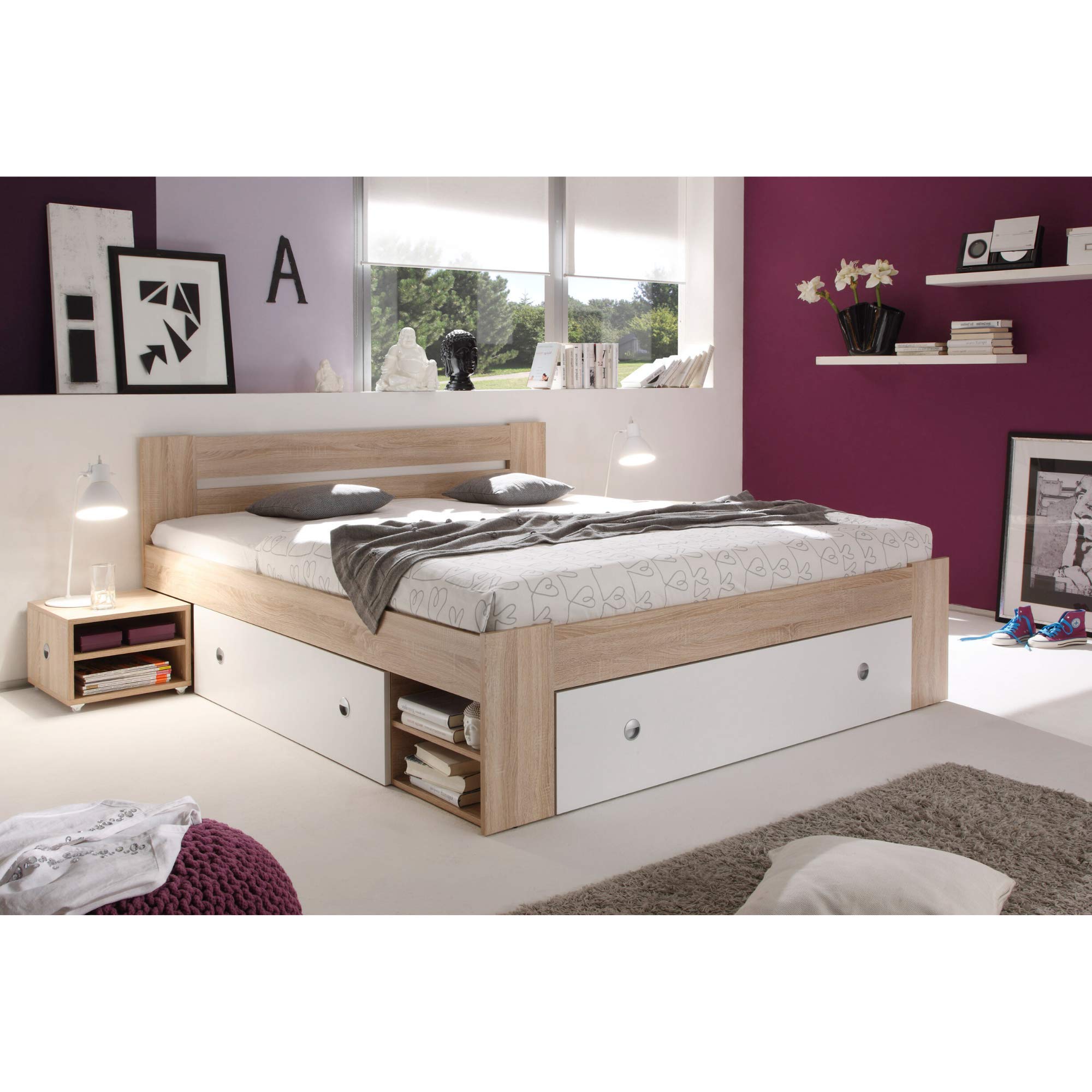 Stella Trading STEFAN Doppelbett Bettanlage 140 x 200 cm mit 2x Nachtkommoden - Schlafzimmer Komplett-Set in Eiche Sonoma Optik, weiß - 145 x 86 x 204 cm (B/H/T)