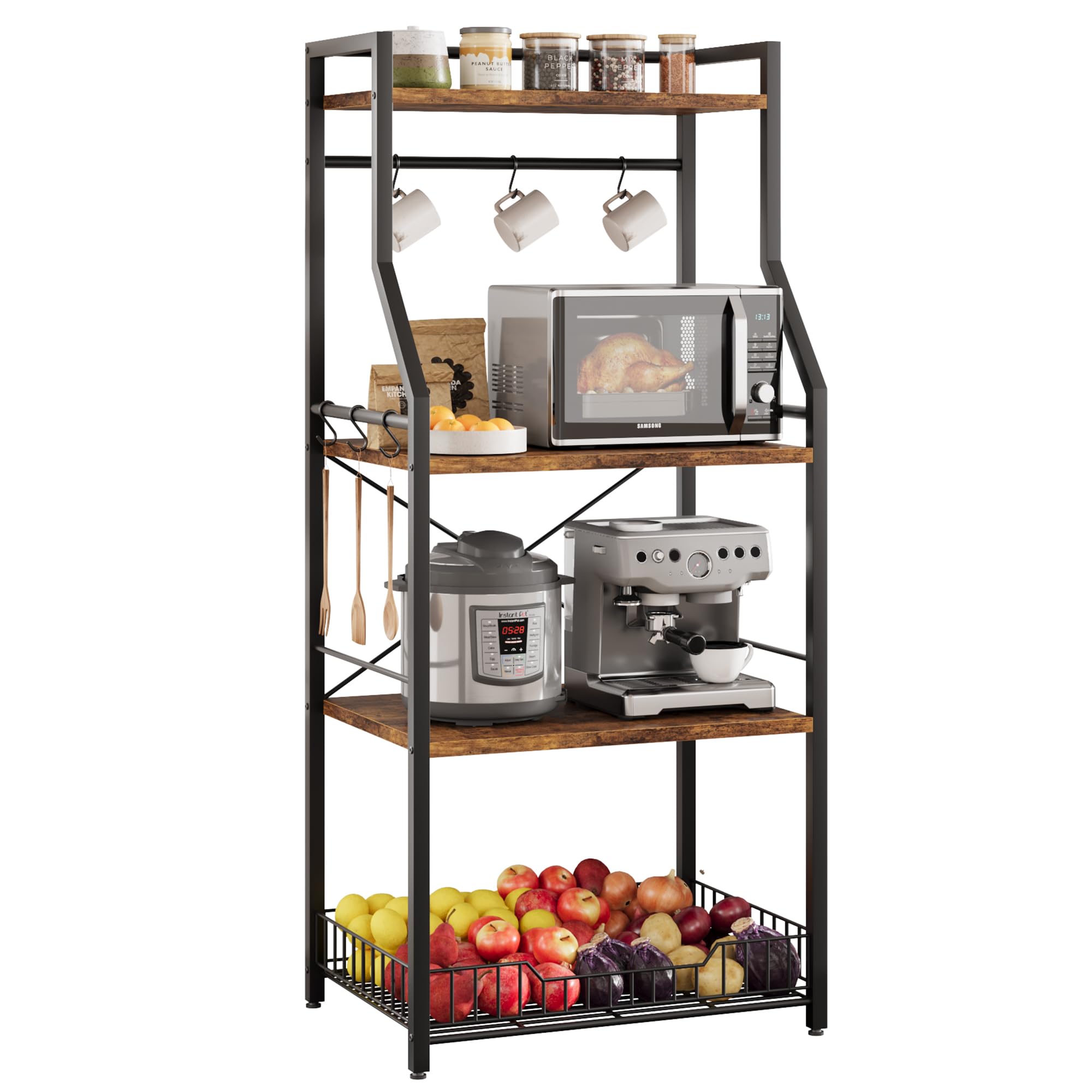Étagère de Cuisine, Meuble de Rangement à 4 Niveaux,Style Industriel Étagères de Stockage pour Four à Micro-Ondes, Cadre en Acier,60 X 40 X 128CM,Marron Rustique