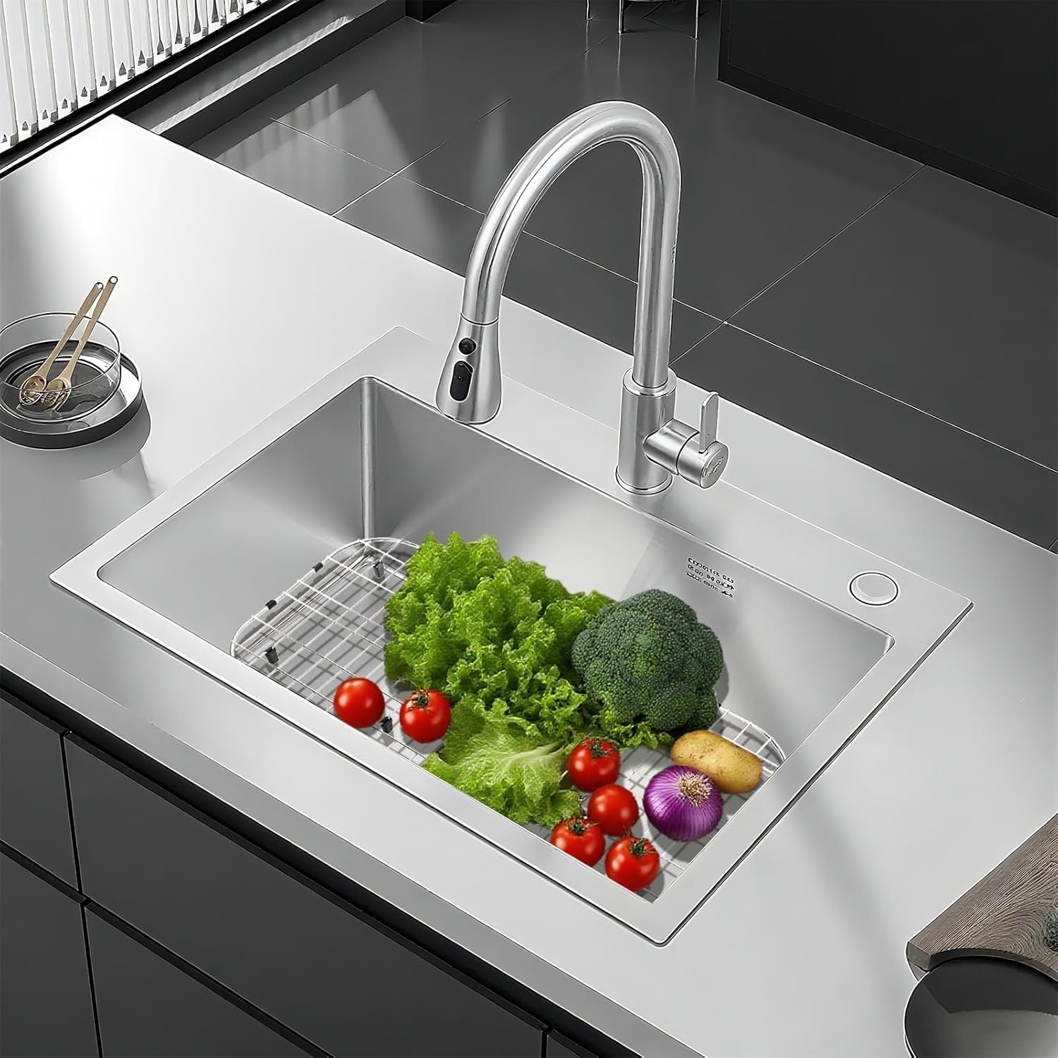 YOUEON Stainless Steel Sink Protector Grid 26-1/16" x 14-1/16", Foldable Kitchen Sink Bottom Grid with Centered Drain Hole, Rust-Resistant Sink Rack for Dishes, Pots, and Glassware