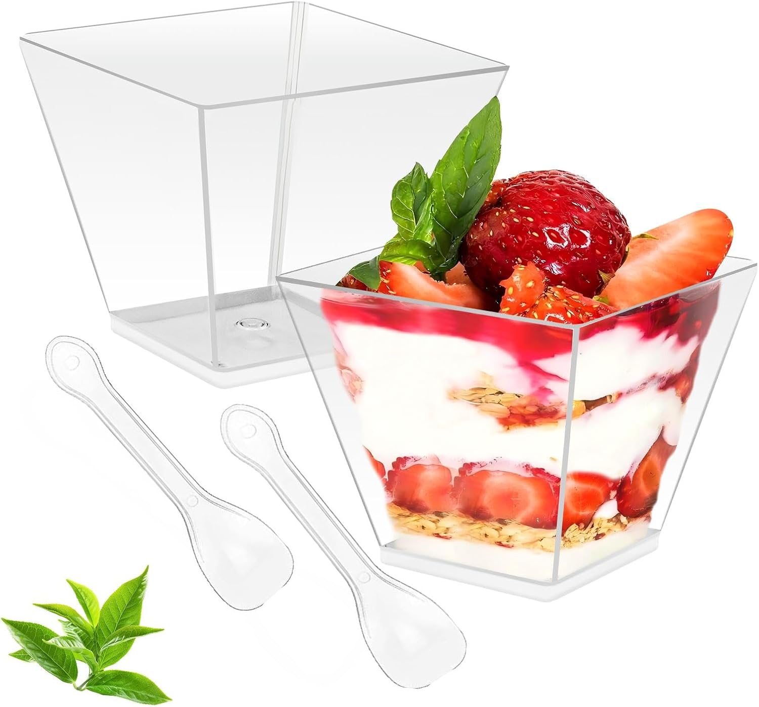 50 Pack 7 oz Clear Plastic Square Dessert Bowls with Spoons,Mini Disposable Parfait Cups for Yogurt, Ice Cream and Tasting,Serving Cups for Appetizer,Pudding,Party (7 oz)