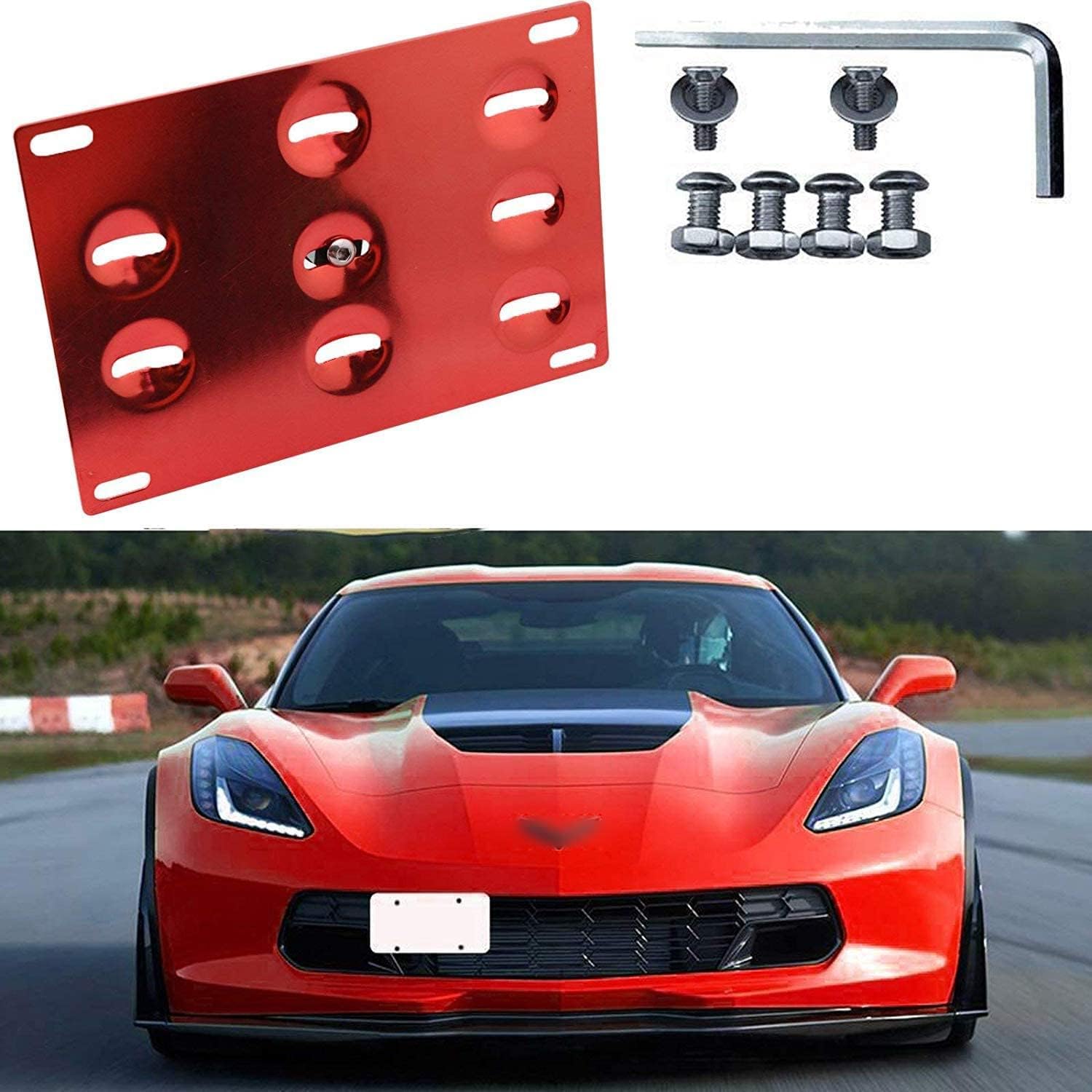 x xotic tech License Plate Mounting Relocator Front Bumper Tow Hook Bracket Compatible with Chevrolet Corvette Z06/Z51/ZR1 2015-2019, Red