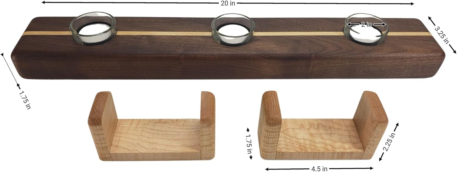 Handmade Hardwood Tealight Candle Holder | 20" Walnut W/Curly Maple Inlay and Risers | 5-Hole Incl Candles and Glass Cups | Unique Home Decor
