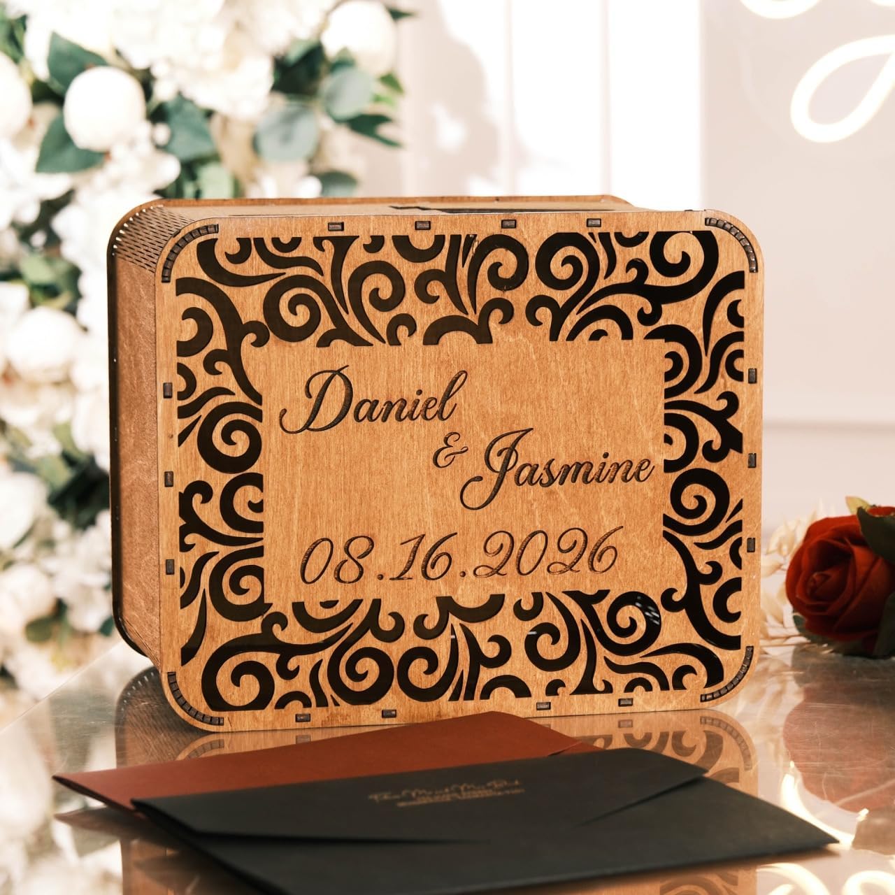 EMC Personalized Wood Card Box for Wedding & Engagement – Rustic Wedding Card Holder with Slot – Bridal Shower, Baby Shower & Birthday Decor