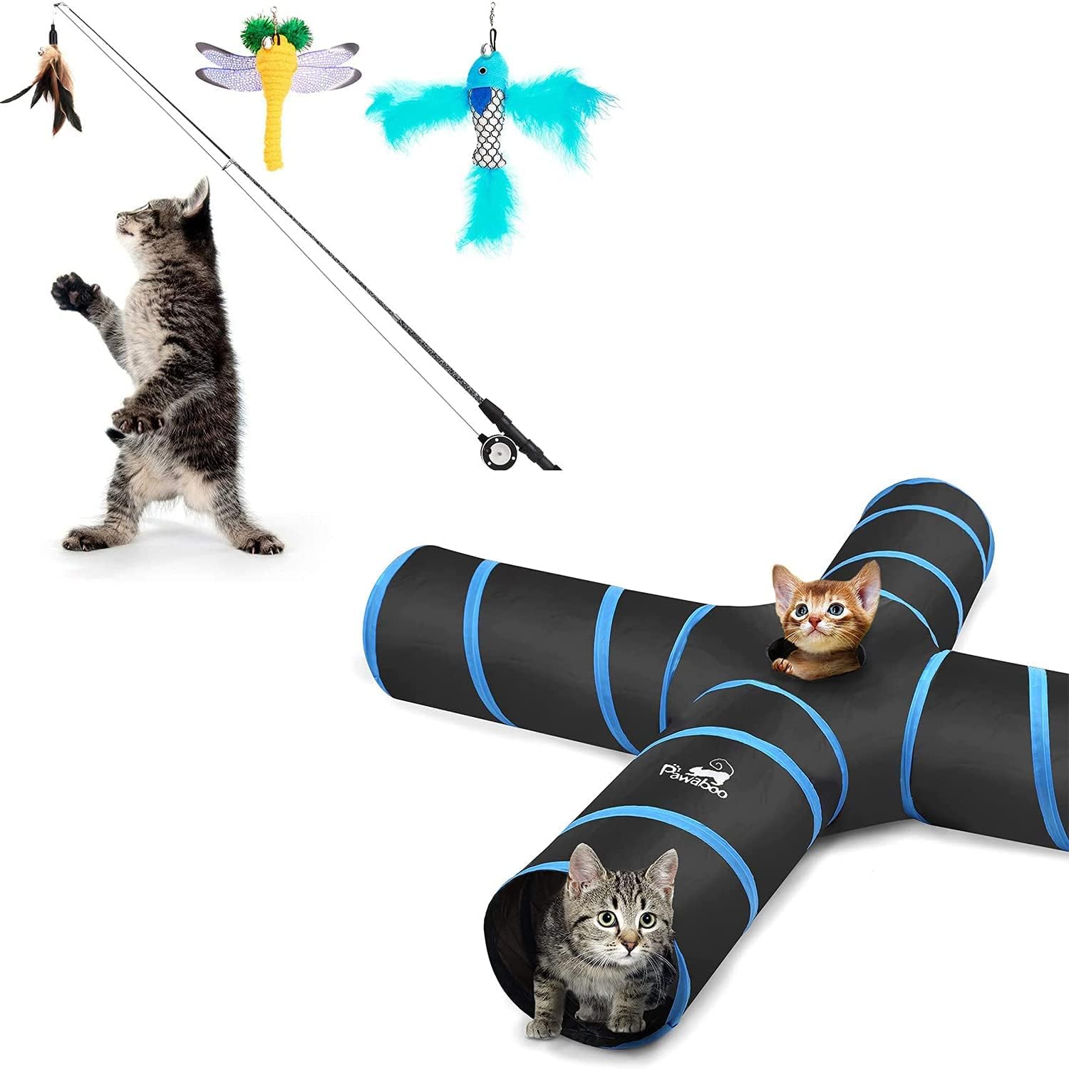 Pawaboo Cat Feather Teaser Wand Toy & Cat Toys, Cat Tunnel Tube 4-Way Tunnels Extensible Collapsible Cat Play Tent Interactive Toy Maze Cat House Bed with Balls and Bells for Cat Kitten Kitty Rabbit